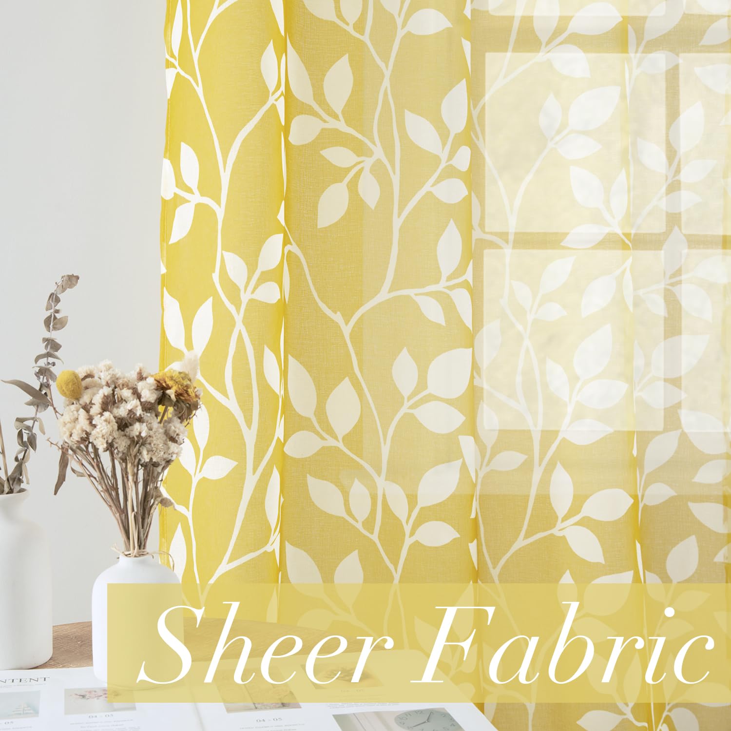 Yellow Kitchen Curtains for Windows - Decorative Sheer Leaf Spring Floral Pattern Sunflower Design, 36 x 48 Inch, Perfect for Bathroom & Kitchen Decor | Brighten Your Home with Cheerful Lemon & Sunflower Accents