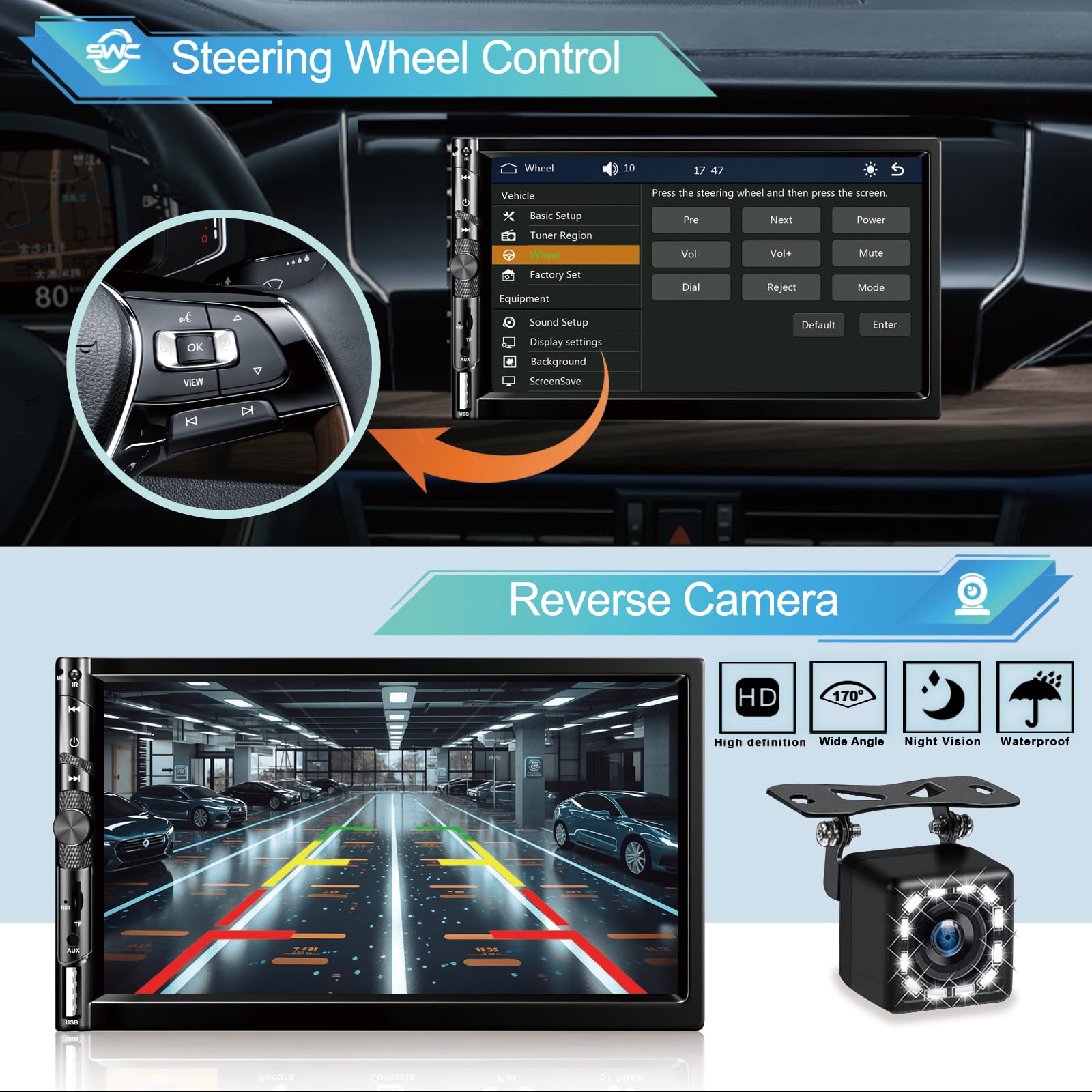 7 Inch Wireless Double Din Car Stereo with Apple CarPlay & Android Auto - HD 1024x600 Touchscreen, Bluetooth 5.1 Hands-Free, GPS Navigation, Backup Camera - FM Radio Receiver with USB/AUX/TF/SWC/EQ for Seamless Driving & Entertainment