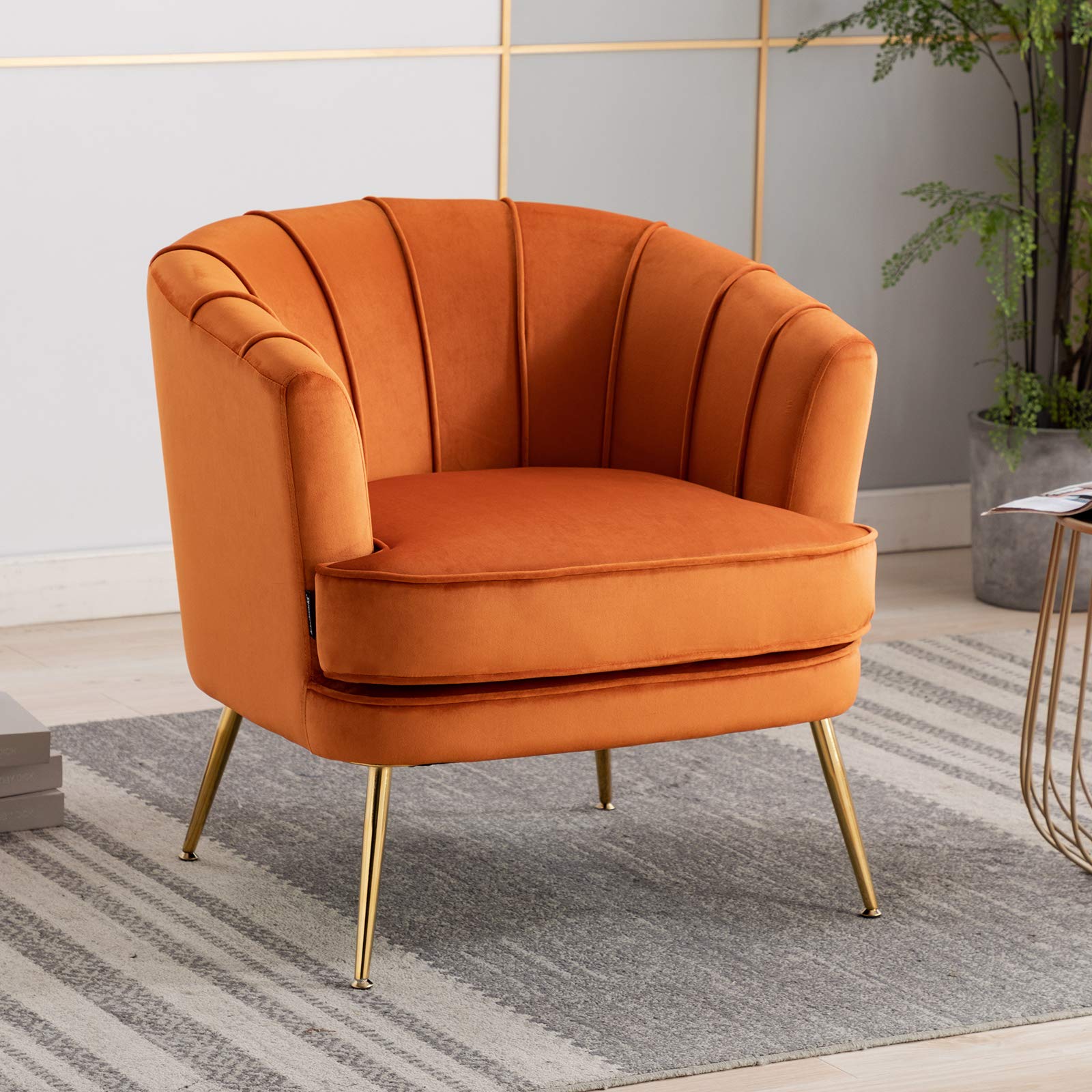 Artechworks Modern Velvet Barrel Chair - Gold Leg Accent Armchair with Channel Tufted Back for Living Room, Bedroom & Home Office - Orange Caramel Club Chair | Perfect for Reading Nooks, Lounge Areas & Cozy Corners