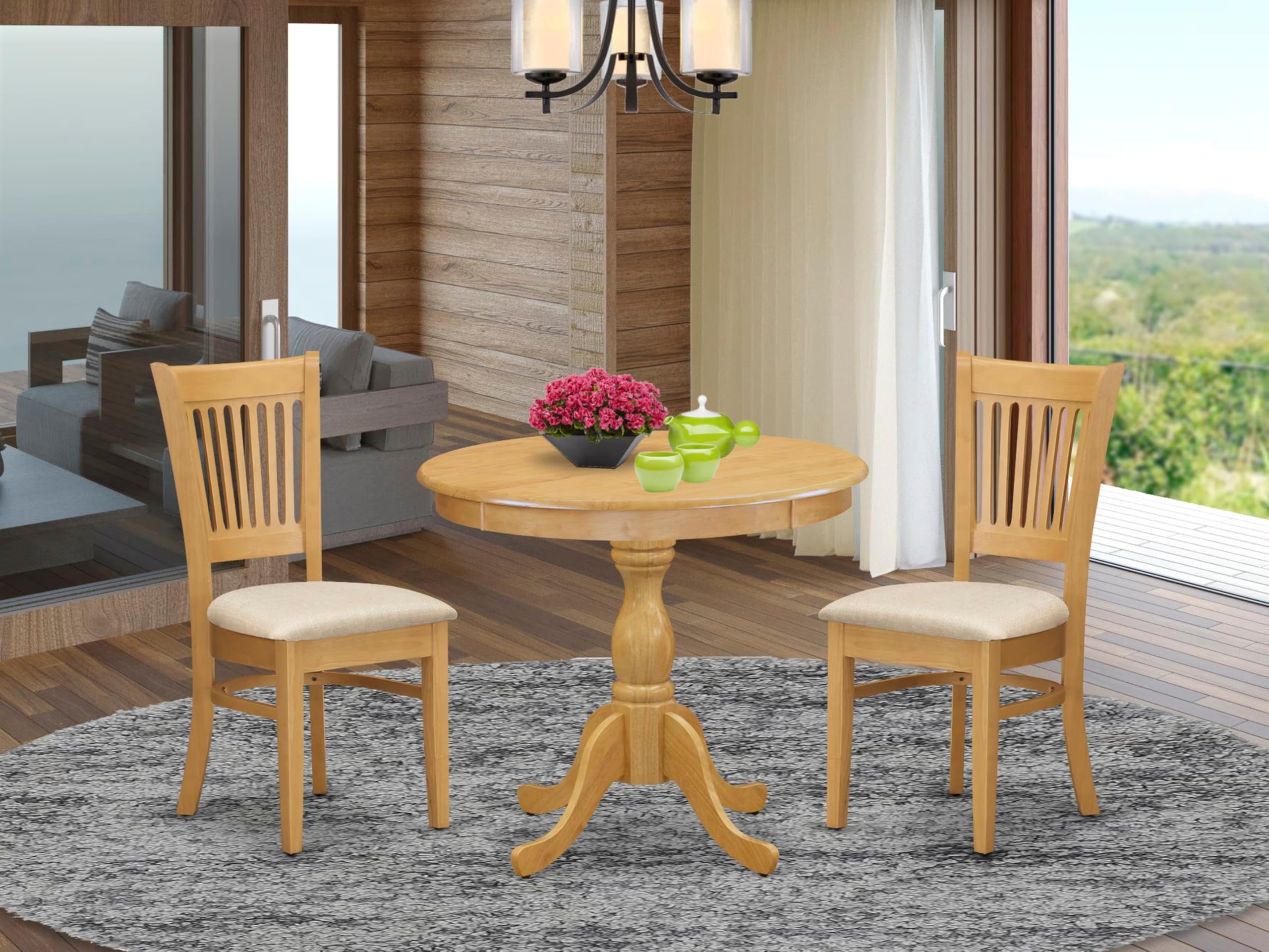 East West Furniture AMVA3-OAK-C 3 Piece Round Dining Table Set with Pedestal Base & 2 Linen Upholstered Chairs, 36x36 Inch, Oak Finish - Perfect for Small Kitchen, Breakfast Nook or Apartment Dining Area
