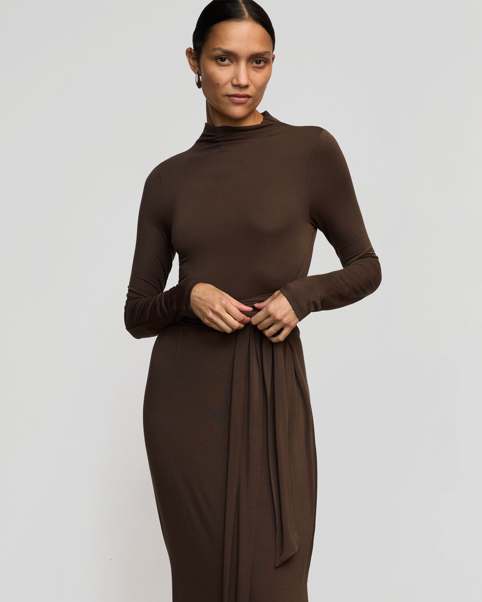 Vero Tie Front Long Sleeve Dress - Women's Elegant Wrap Midi Dress for Work, Date Night & Special Occasions