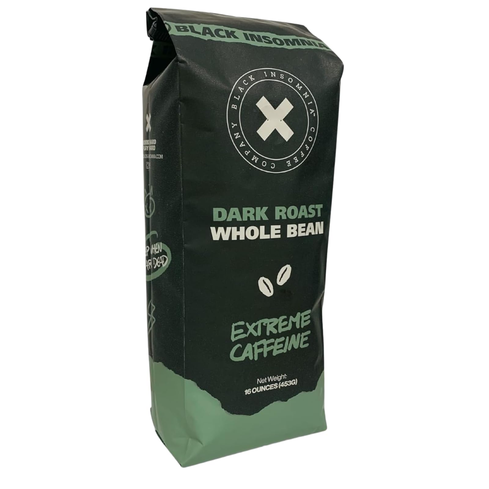 Black Insomnia Coffee Dark Roast Whole Bean - World's Strongest Coffee - 1lb Bag for Home Brewing, Office Use & Energy Boost