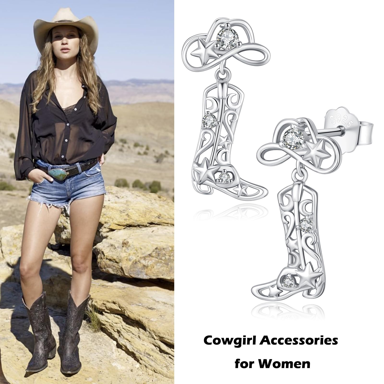 Cowgirl & Heart Earrings for Women - 925 Sterling Silver Dangle Drop Earrings | Hypoallergenic Stud Jewelry | Perfect Gift for Girls, Teens & Cowgirl Lovers | Great for Western Parties, Rodeo Events & Everyday Wear
