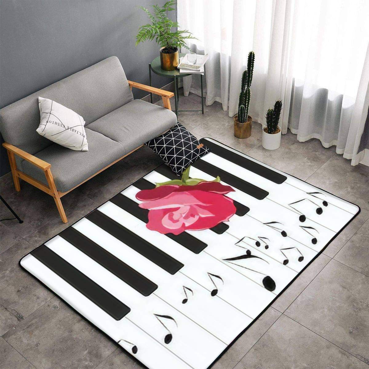 Abstract Piano Music & Red Rose Non-Slip Area Rug - Soft Indoor/Outdoor Floor Mat for Living Room, Nursery, Yoga | Home Decor Carpet with Vector Design, Throw Runner for Doorways