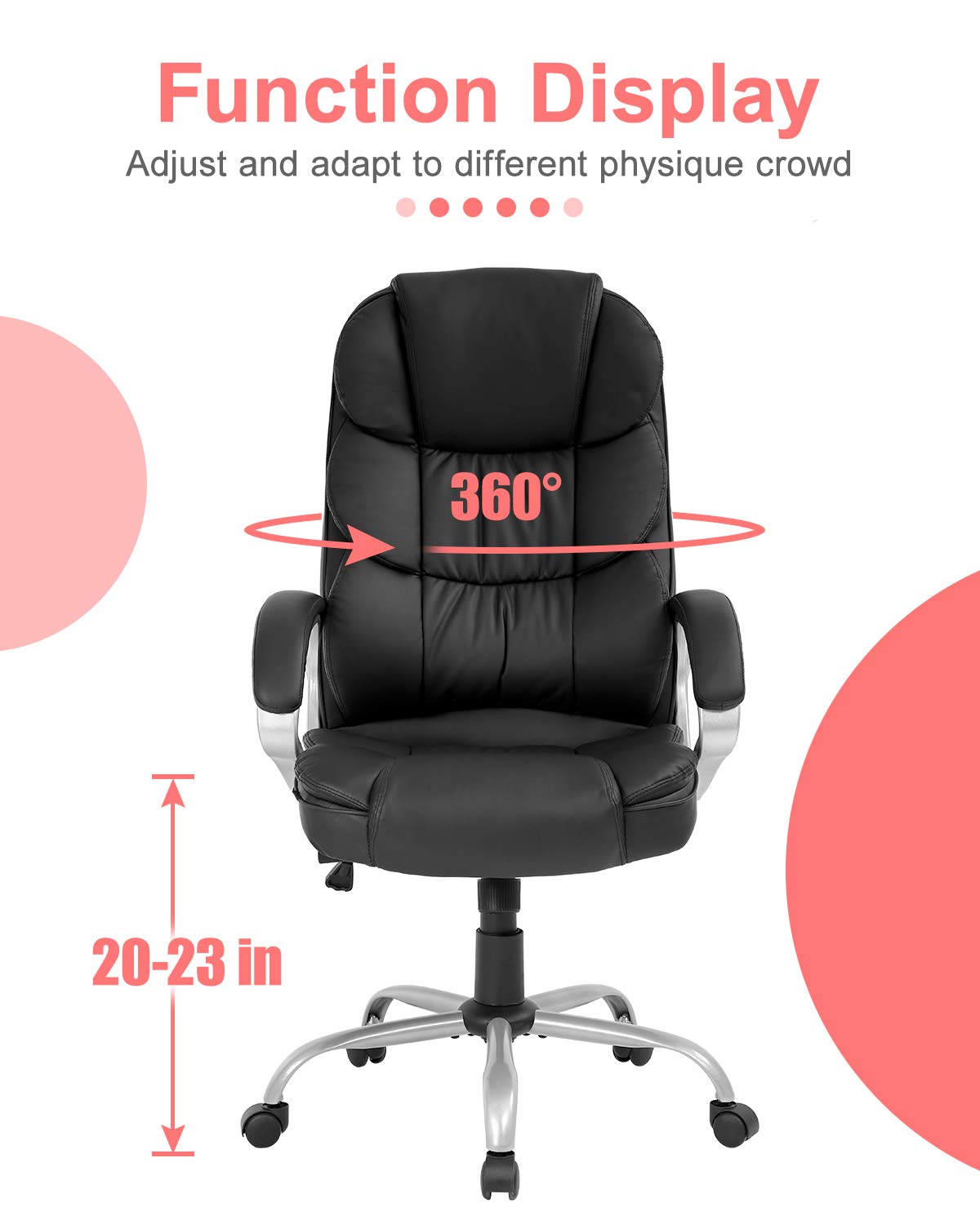 Ergonomic Office Chair - High Back PU Leather Executive Desk Chair with Adjustable Lumbar Support, Headrest & Armrest - Rolling Swivel Task Chair for Home & Office Workspace (Black) - Perfect for Long Hours of Computer Work, Gaming, and Remote Working