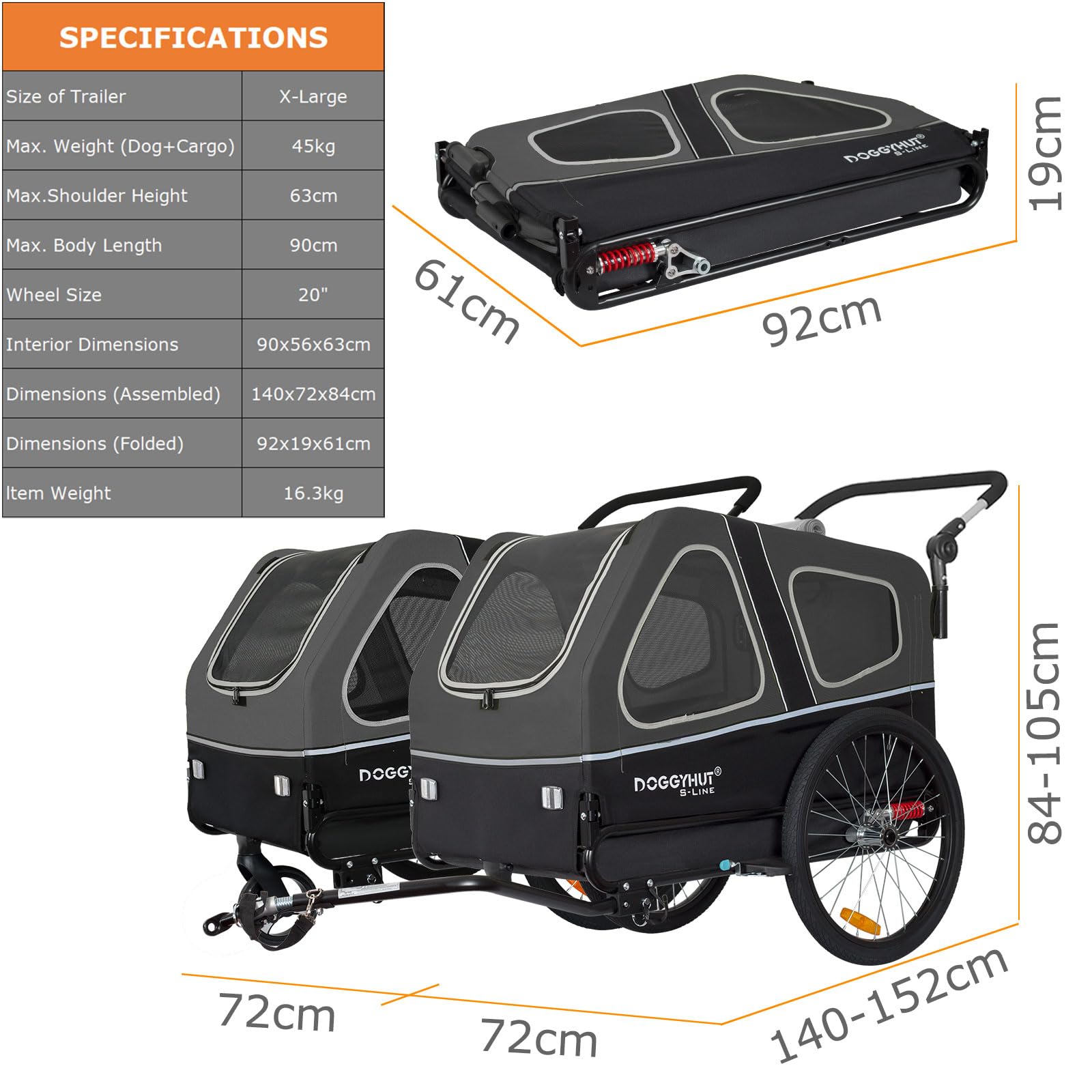 DOGGYHUT® S-Line XL Pet Bike Trailer & Stroller for Large Dogs Up to 100 lbs - Foldable Dog Carrier with Suspension Wheels, Low Center Gravity & Parking Brakes | Perfect for Cycling, Jogging & Outdoor Adventures with Your Dog
