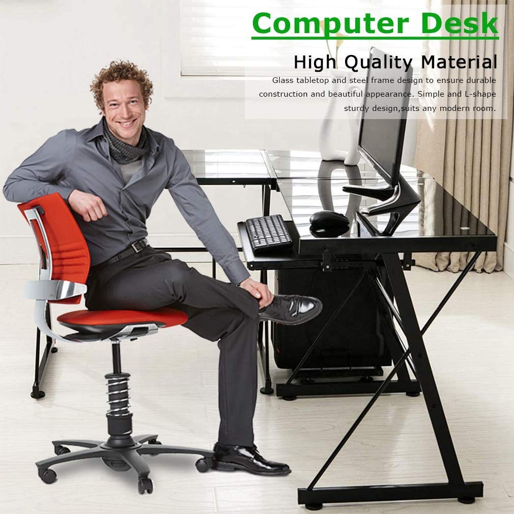 XXFBag Black L-Shaped Glass Computer Desk with Keyboard Tray & CPU Stand - 3-Piece Office Gaming Corner Workstation for Home, Study, Writing & PC Setup | Perfect for Small Spaces & Multi-Tasking
