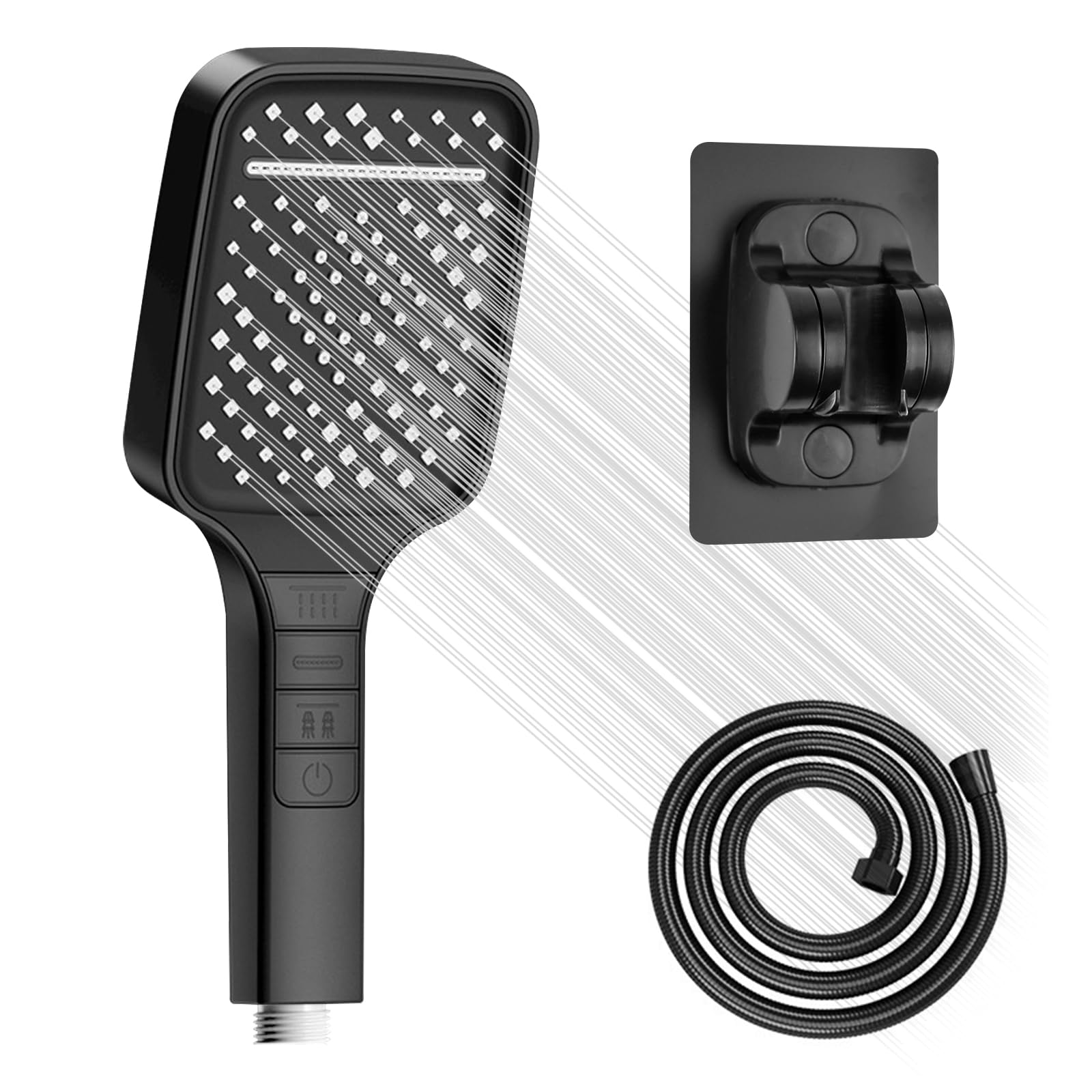 VicBou High Pressure Shower Head with 7 Spray Modes - 1.5m Hose, Water Saving Design & Stop Button - Square Chrome Shower Head in Black - Perfect for Bathroom, Spa-Like Shower Experience & Water Conservation