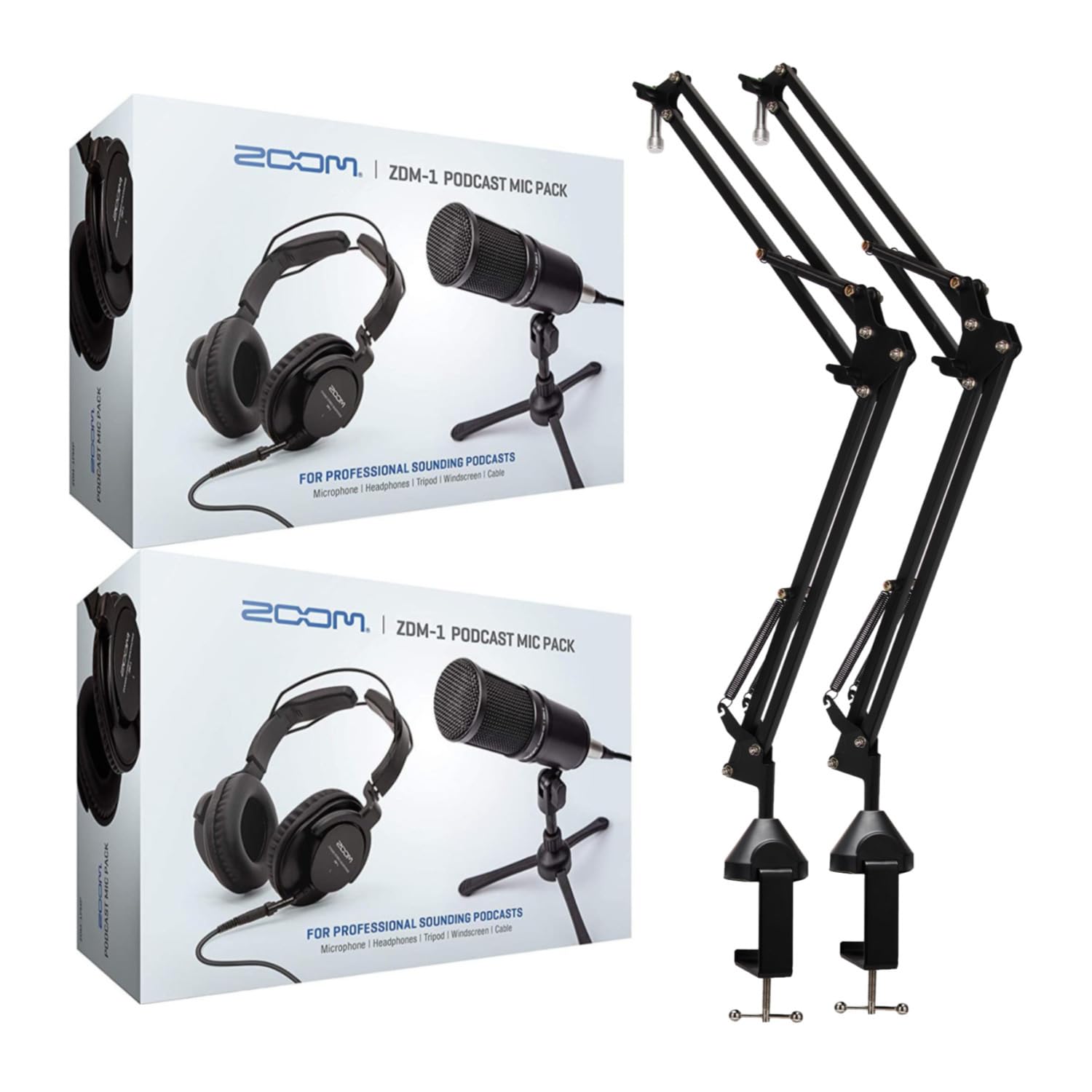 Zoom ZDM-1 Professional 2-Person Podcast Microphone Kit with Headphones, Cables & Dual Boom Arms - Perfect for Home Studios, Live Streaming & Podcast Recording (4-Piece Bundle)