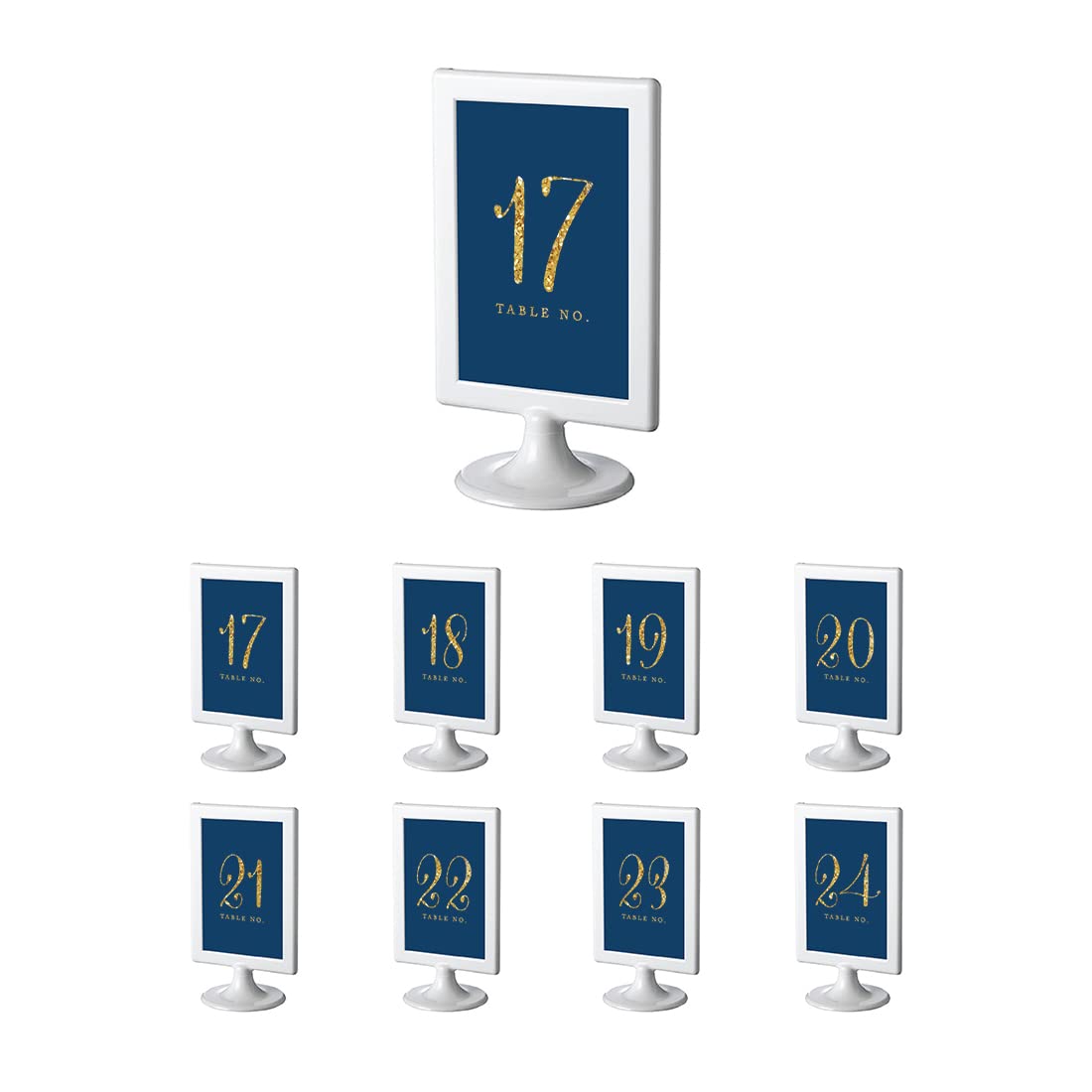 Andaz Press Gold Glitter Framed Table Numbers 17-24 - 4x6 Inch Double Sided Wedding Seating Cards with Navy Blue Frame - Elegant Table Decor for Weddings, Parties & Special Events