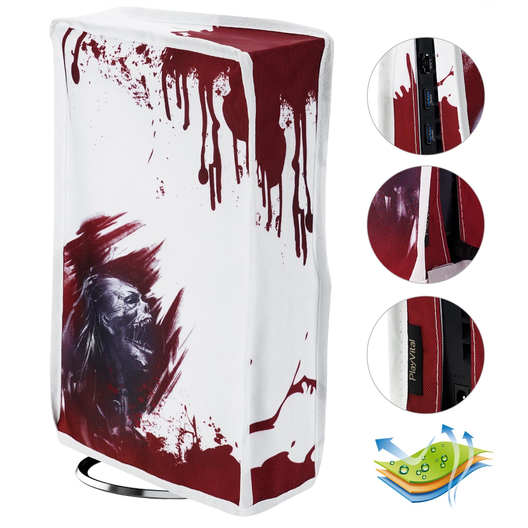 PlayVital Vertical Dust Cover for PS5 Slim Disc Edition (New Smaller Design) - Nylon Dustproof & Waterproof Protector Sleeve for PlayStation 5 Slim Console - Blood Zombie Style - Perfect for Gaming Setup Protection & Travel Storage