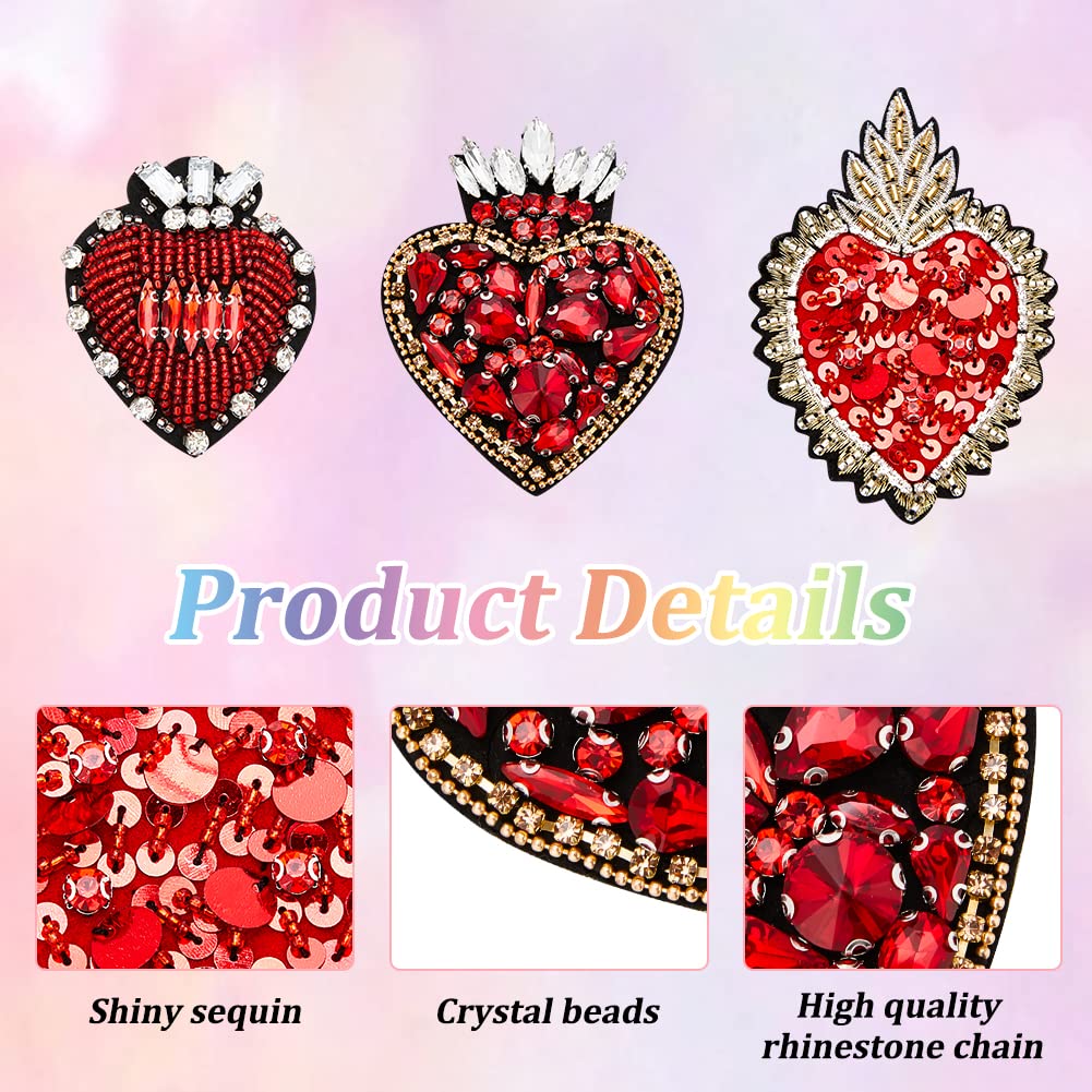INFUNLY 3pcs Heart Rhinestone Bead Patch - Red Crystal Sew On DIY Decorative Patches for Dress, Jeans, Jackets & Handbags - Handmade Bling Applique for Fashion & Craft Projects