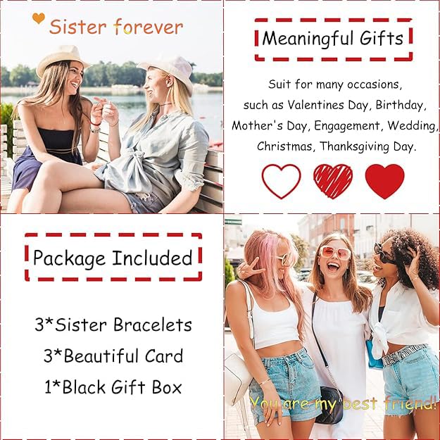 Best Friend Bracelets Set of 3 - Adjustable Matching Heart BFF Bracelets for Women, Cute Trio Friendship Jewelry - Perfect Birthday Gifts for Besties, Sisters & Couples | Wear to Parties, Travel or Daily Life
