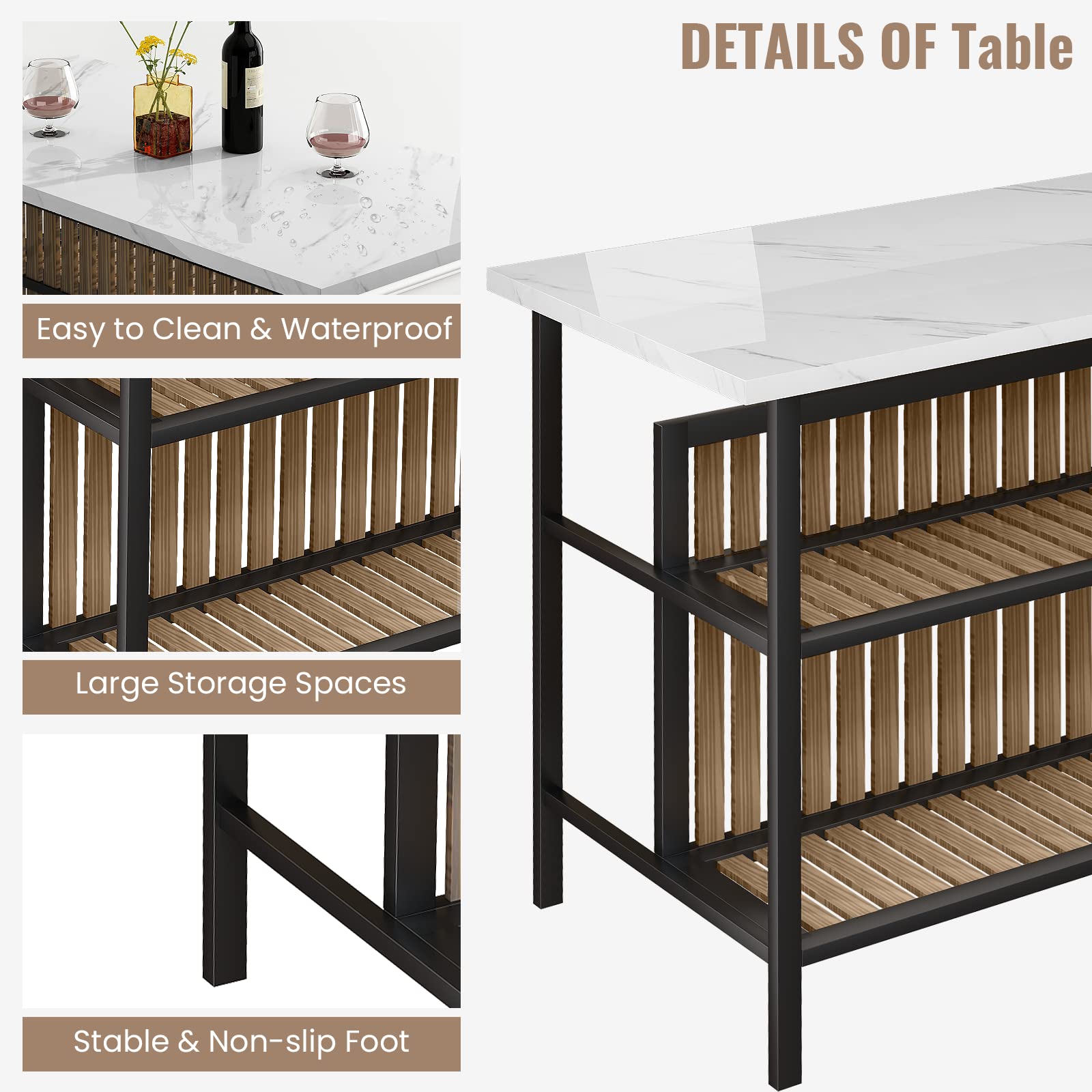 Modern White Kitchen Island with Seating for 2 - Faux Marble Countertop, Storage Shelf & Bar Table Set - Space-Saving Dining Solution for Small Kitchens, Breakfast Nooks & Apartment Living