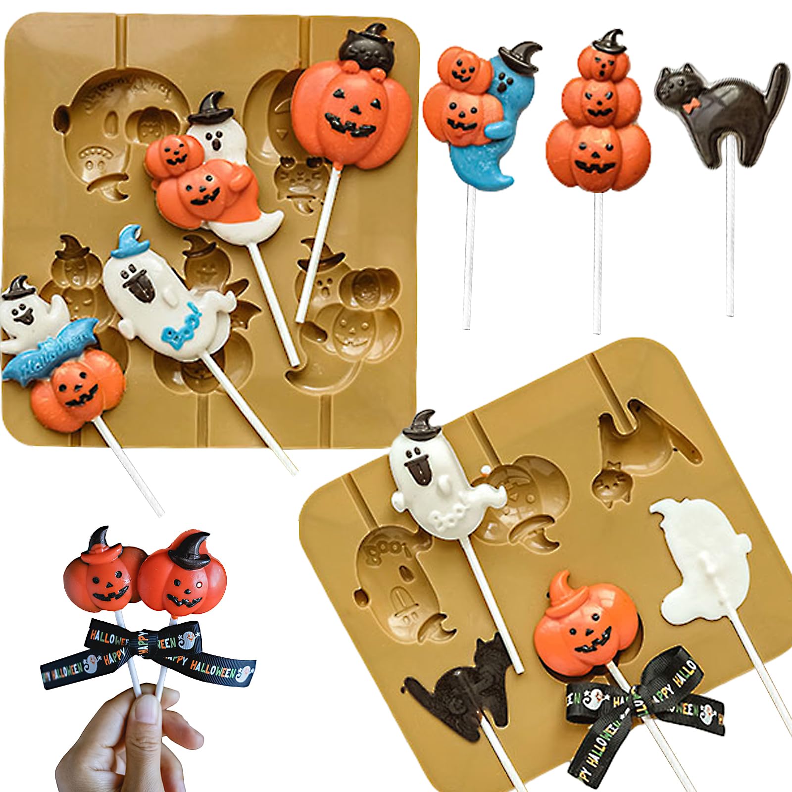 Halloween Silicone Candy Molds 2 Pack - Pumpkin, Ghost & Cat with Hat Chocolate Molds for Cake, Cupcake Decorations - Perfect for Halloween Parties, DIY Treats & Holiday Baking