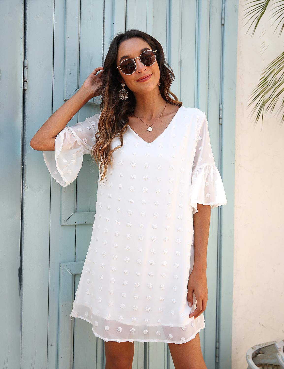 Blooming Jelly Women's White Summer Dress - Short Sleeve V-Neck Ruffle Chiffon Flowy Shift Mini Dress for Beach, Party & Casual Wear