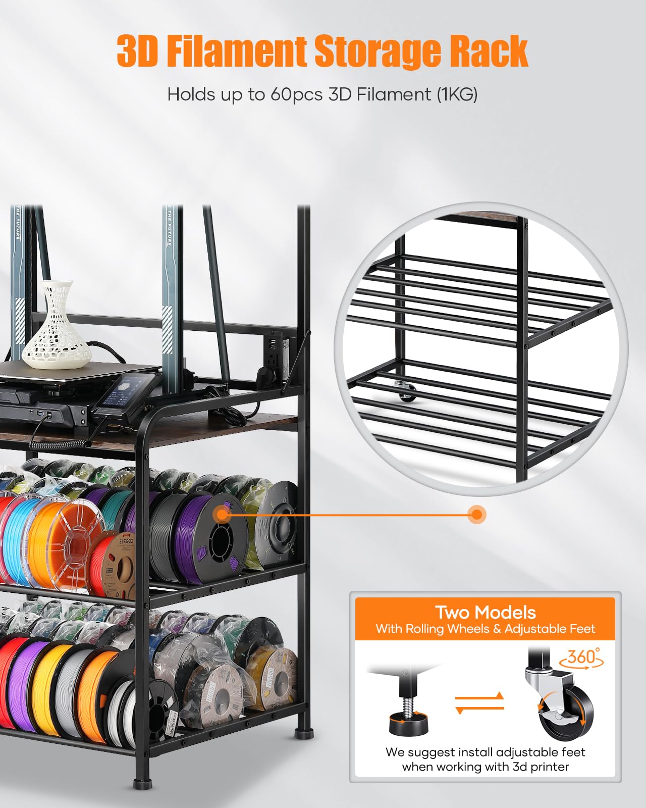 3D Printer Filament Storage Rack with Wheels - Heavy Duty Rolling 3D Printing Stand Organizer for PLA, ABS, PETG Spools | Perfect for Garage, Office & Workshop Organization