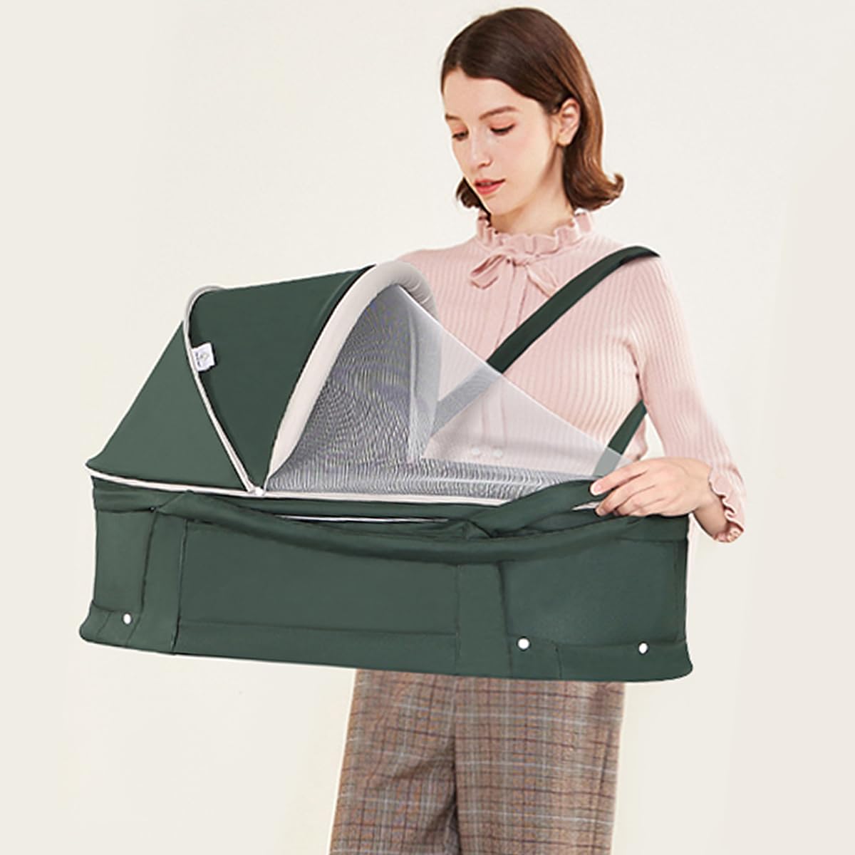2-in-1 Portable Baby Travel Bassinet with Sunshade Cover - Foldable Newborn Sleeper Bed, Washable Dark Green Bassinet for Airplane & Car Travel | Perfect for Nursery, Camping & Family Trips