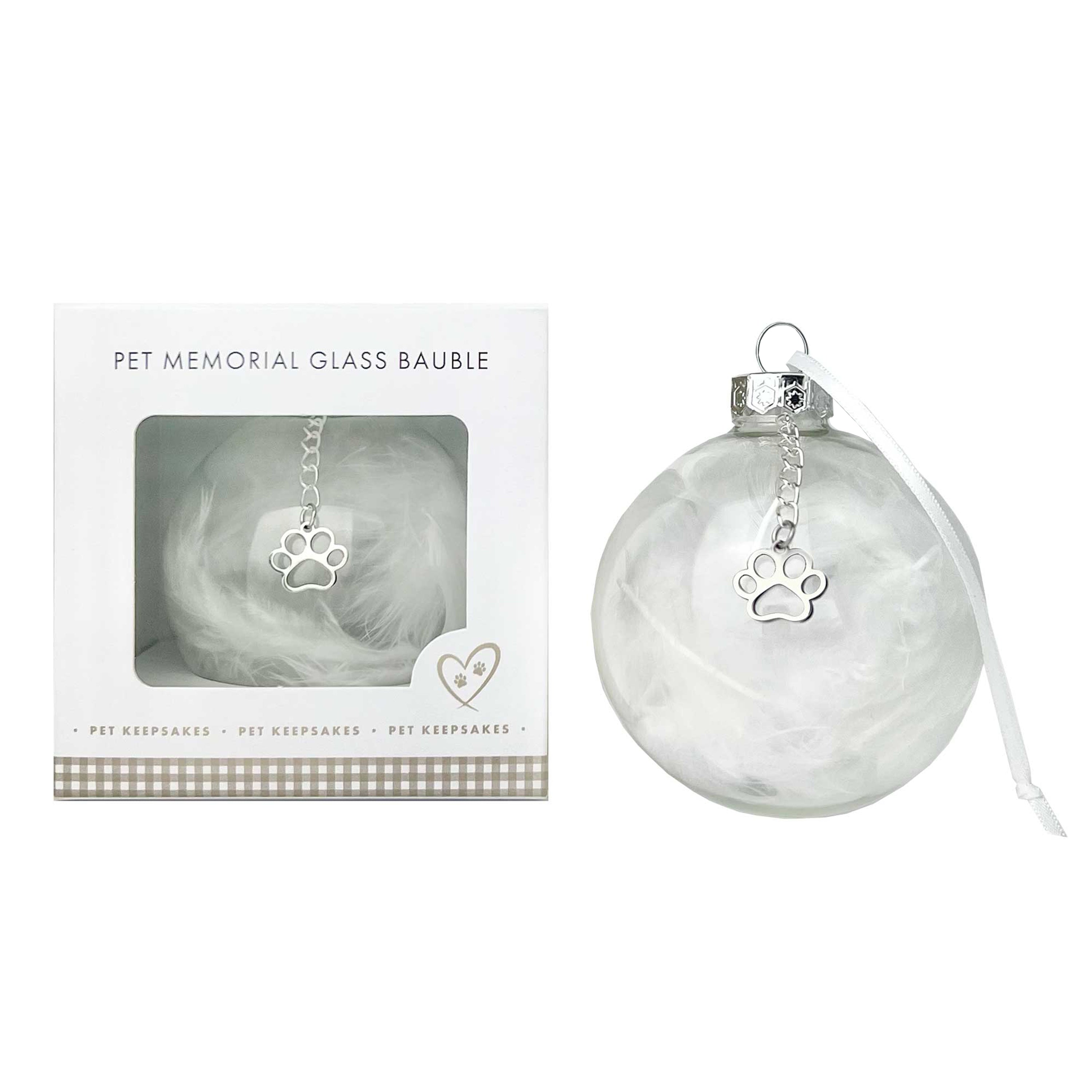Memorial Glass Ornament for Pets - Feather Filled Keepsake with Paw Print Charm - Perfect for Pet Loss Remembrance & Home Decor