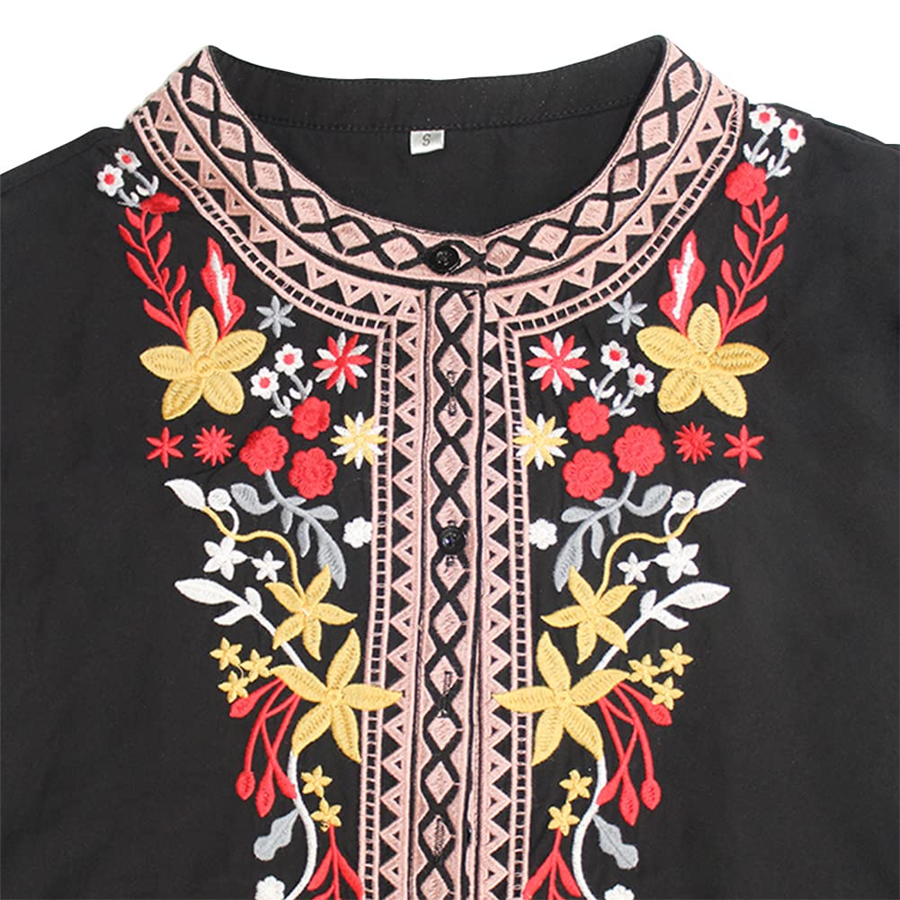 Mexican Boho Embroidered Long Sleeve Peasant Blouse for Women - Loose Casual Tunic Top with Floral Designs - Perfect for Fall Fashion, Festivals, and Everyday Boho Chic Style