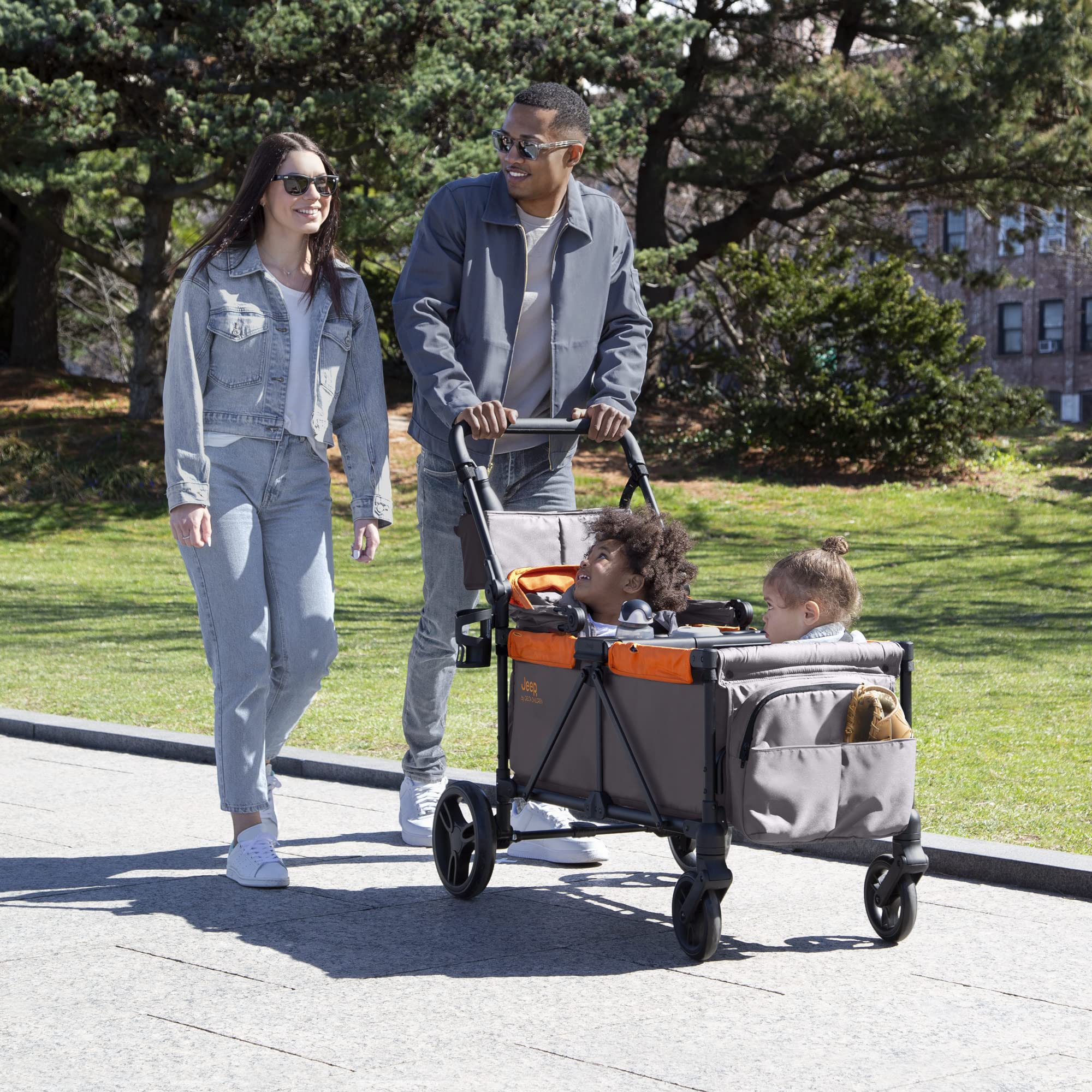 Delta Children Jeep Sport All-Terrain Stroller Wagon with Canopy, Parent Organizer & Snack Tray - Adjustable Handlebar, Cup Holders - Grey/Bonfire - Perfect for Outdoor Adventures, Beach Trips & Family Outings