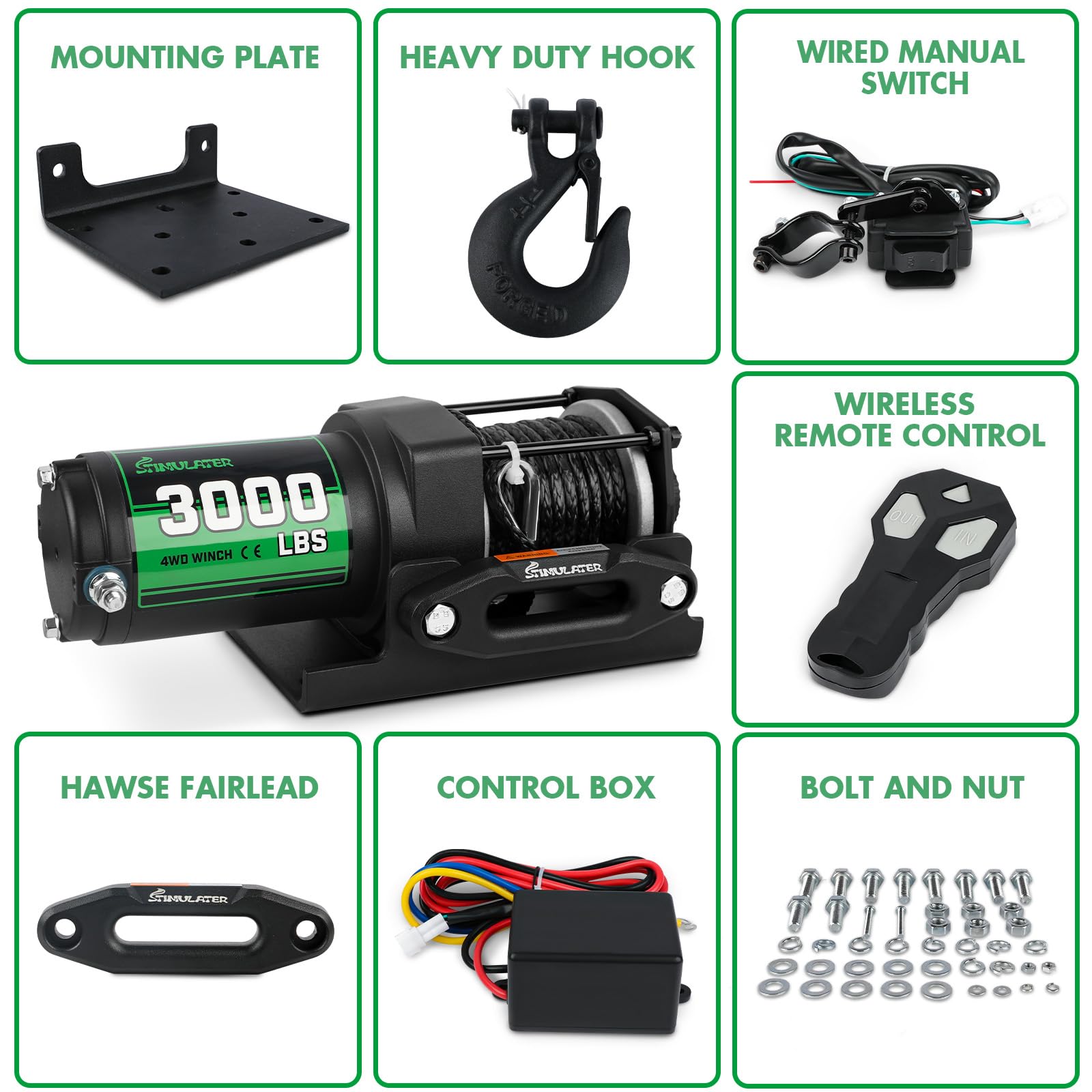 3000lb ATV Winch with Synthetic Rope - 12V Electric Winch with Wireless Remote & Manual Switch, Hawse Fairlead, IP67 Waterproof - Perfect for Off-Roading, Trailers, Boats & UTVs - Heavy Duty Recovery & Towing Solution