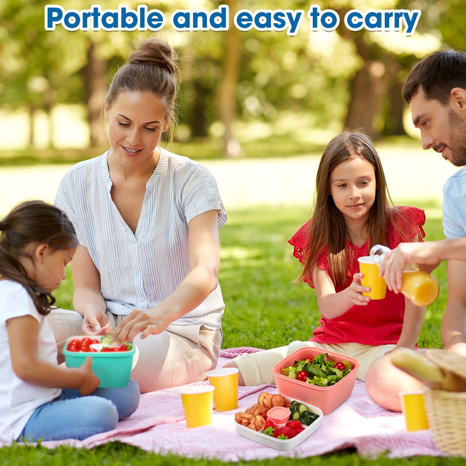 4-Piece Reusable Bento Box Set - 52oz Leak-Proof Salad Containers with 4 Compartments & Dressing Container | Stackable Lunch Box for Adults | Perfect for Meal Prep, Office Lunch, Picnics & Healthy Snacks (Blue, Green, Pink)
