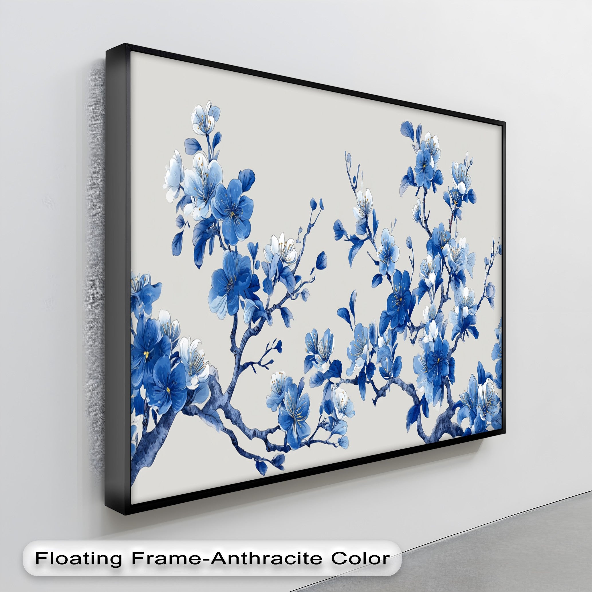 Blue Blossom Harmony Cherry Blossom Branch Canvas Wall Art - Japanese Style Floral Painting for Living Room, Bedroom & Office Decor