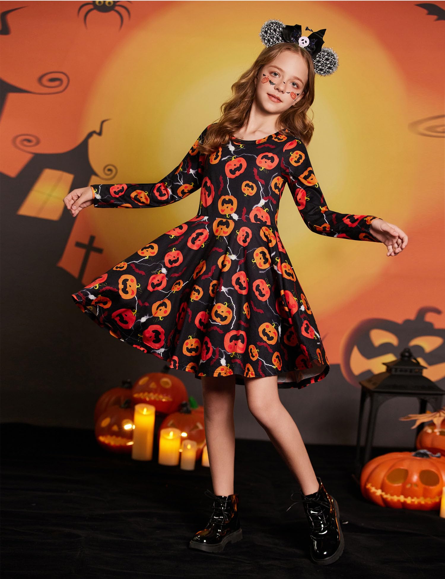 Arshiner Girls Long Sleeve Stretchy A-Line Twirly Skater Dress - Soft Comfortable Stretch Fabric for School, Party & Everyday Wear - Perfect for Dance Classes, Birthday Parties, Christmas Celebrations - Great Gift for Birthdays & Holidays | Ideal for School Performances, Playdates, Tea Parties, Ballet Practice & Seasonal Festivities | Versatile for Casual Outings, Family Gatherings, Photo Shoots & Special Occasions | Perfect for School, Playdates, Parties, Holidays, and Everyday Wear