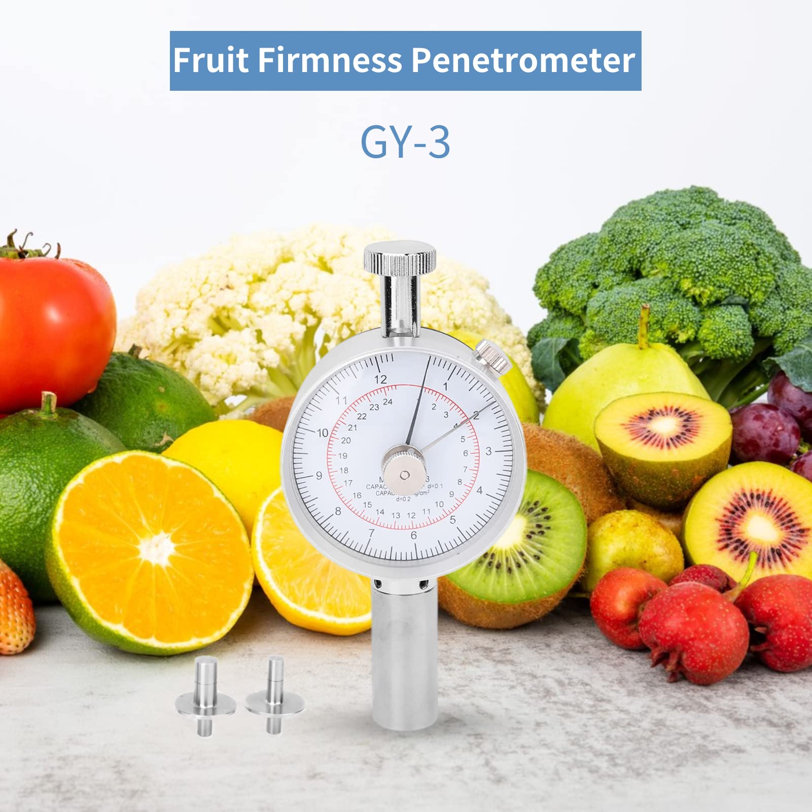 Fruit Firmness Tester with 2 Measuring Heads - Digital Penetrometer for Measuring Apple, Pear & Peach Hardness | Portable Sclerometer for Fruit Maturity Testing in Farms, Orchards & Food Labs