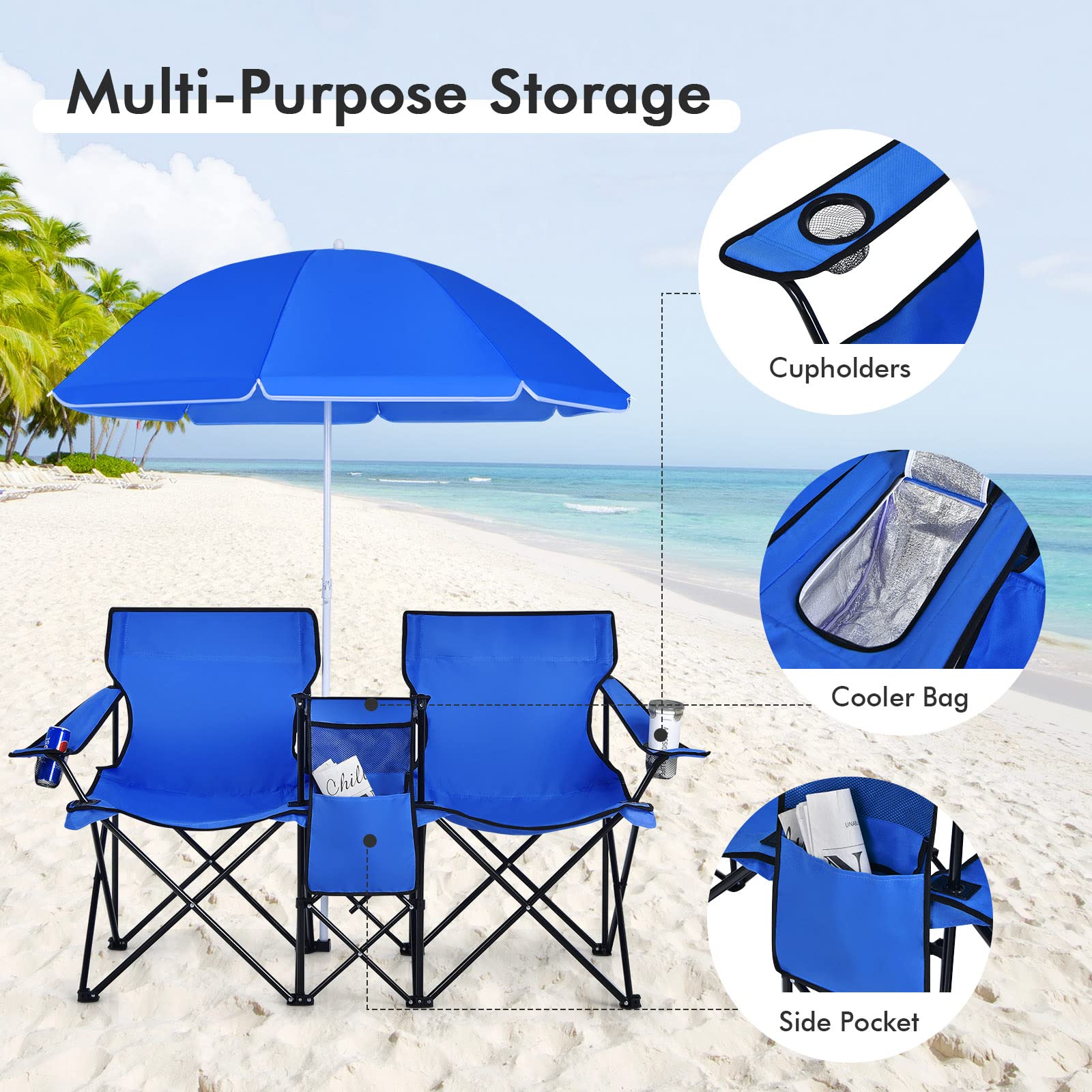 **LUARANE Folding Double Camping Chair with Removable Umbrella & Mini Table - Portable Outdoor Loveseat for Picnics, Beach, Pool, Park, and Backyard - Includes Cup Holder & Carrying Bag (Blue)**    **Perfect for Couples, Beach Lounging, Camping Trips, and Outdoor Gatherings!**