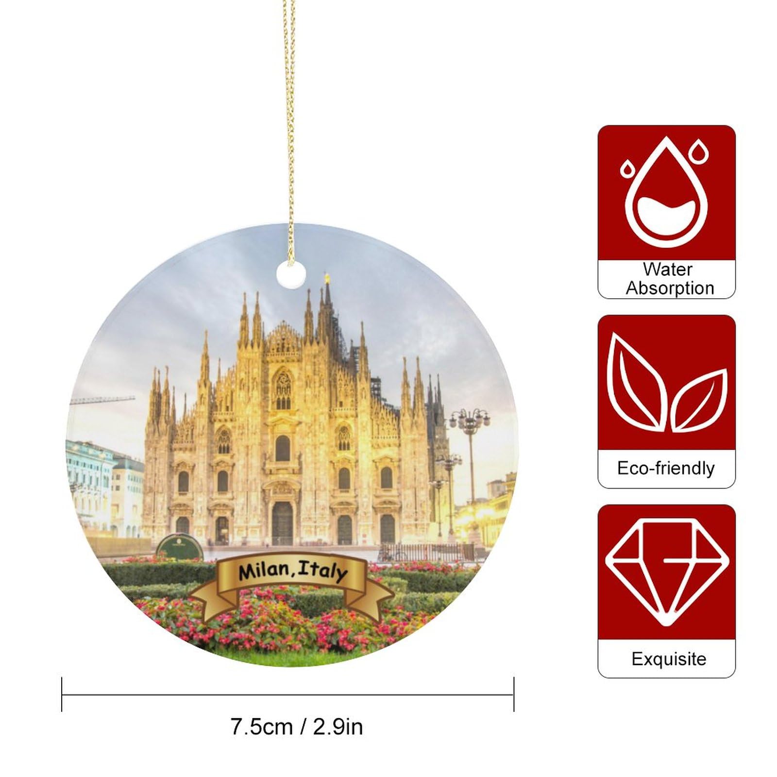 Hand-Painted Milan Italy Christmas Tree Ornament - 2.9 Inch Double-Sided Porcelain Holiday Decoration for Xmas Tree, Home & Gift Giving