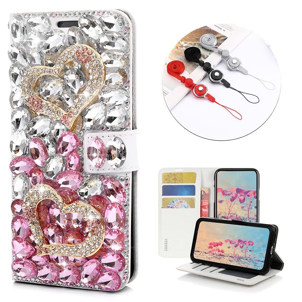 STENES Bling Wallet Case for iPhone 6/6S - 3D Handmade Crystal Heart Magnetic Leather Cover with Neck Strap Lanyard [3 Pack] - Stylish Pink Phone Wallet - Perfect for Parties, Dating & Everyday Use