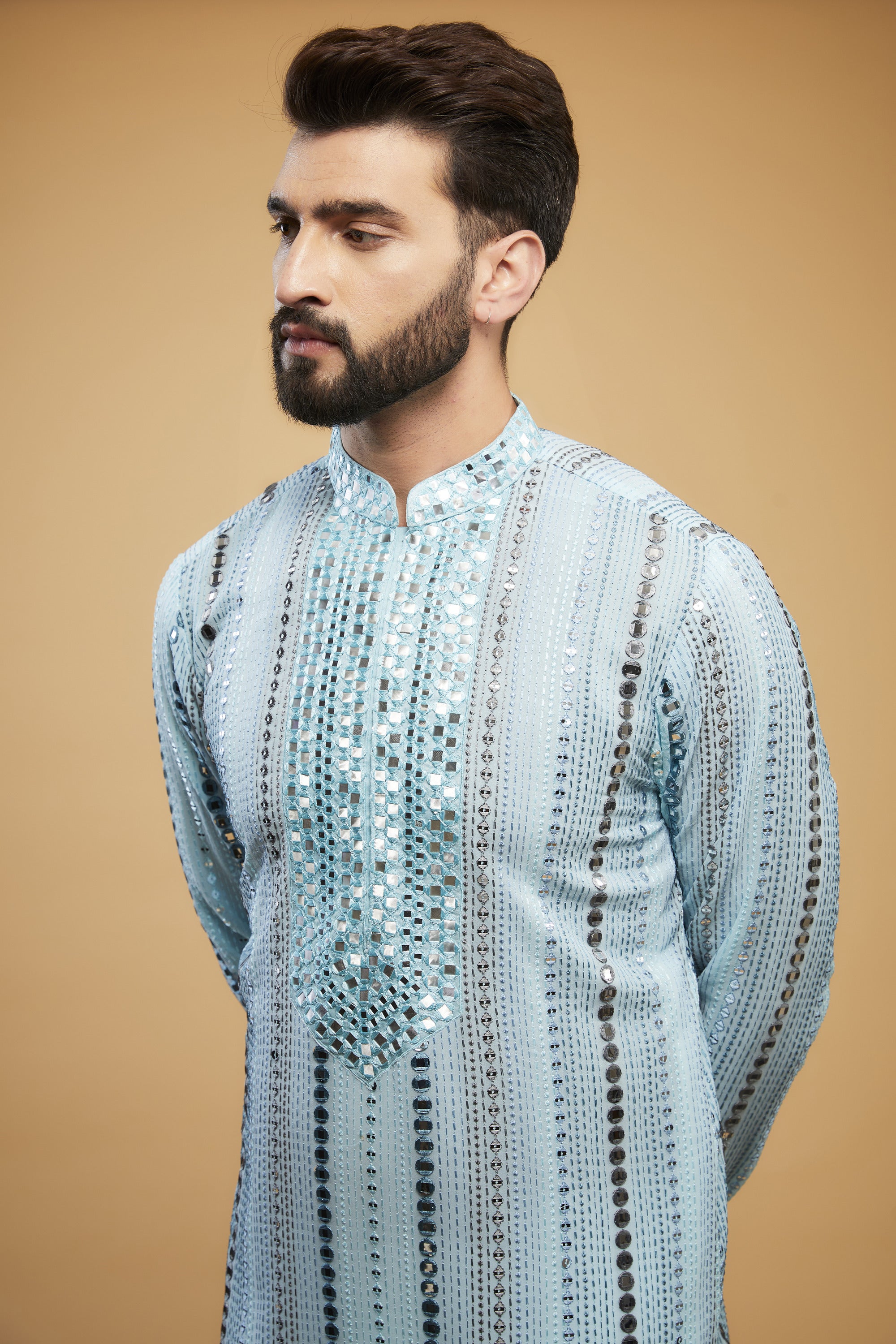 Elegant Powder Blue Mirror Work Kurta with Hand Embroidered Neckline - Perfect for Indian Festivals, Weddings & Special Occasions