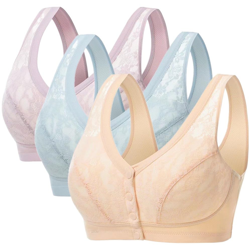 3 Pack Medium Wireless Cotton Bras for Elderly Women - Soft Cup, Button Front Closure, Comfortable Everyday Wear (No Pads) - Perfect for Relaxing at Home, Light Activities & Post-Surgery Recovery
