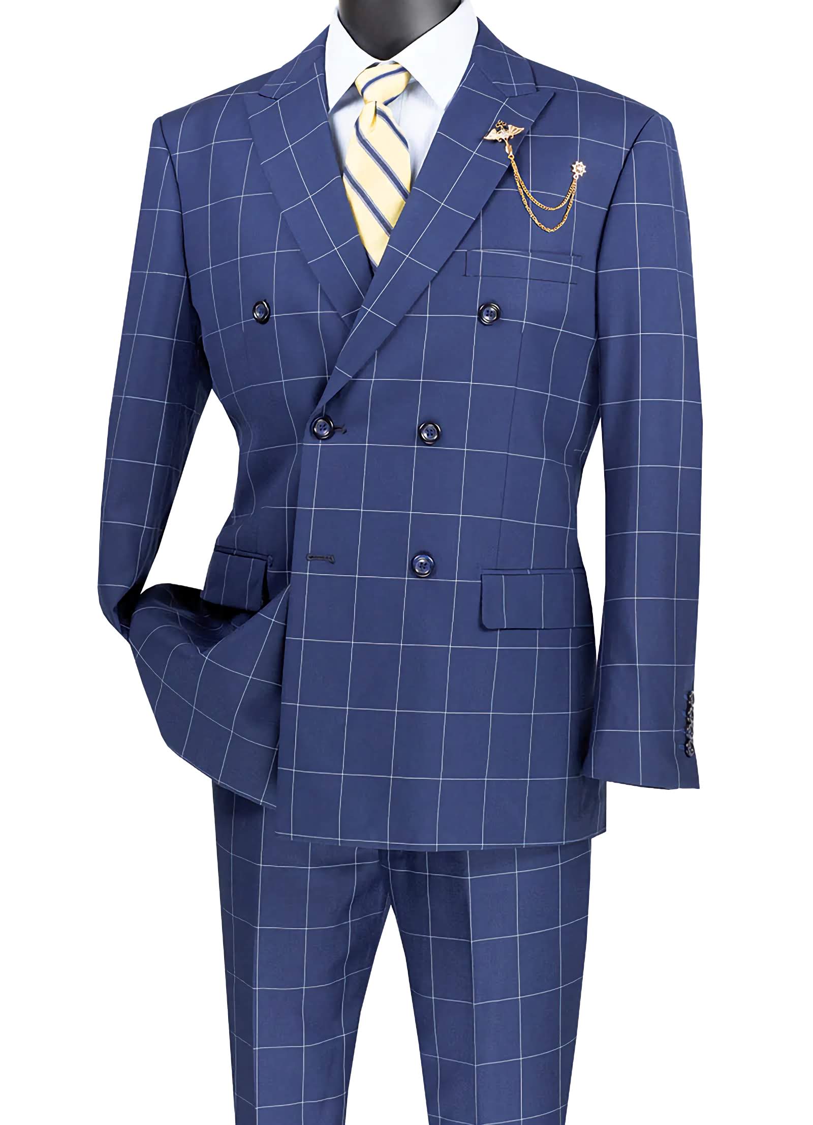 Napoli Collection Blue Modern Fit Double Breasted Windowpane Peak Lapel 2-Piece Suit for Men | Business Formal Attire & Wedding Suit | Office Wear & Special Occasion Outfit