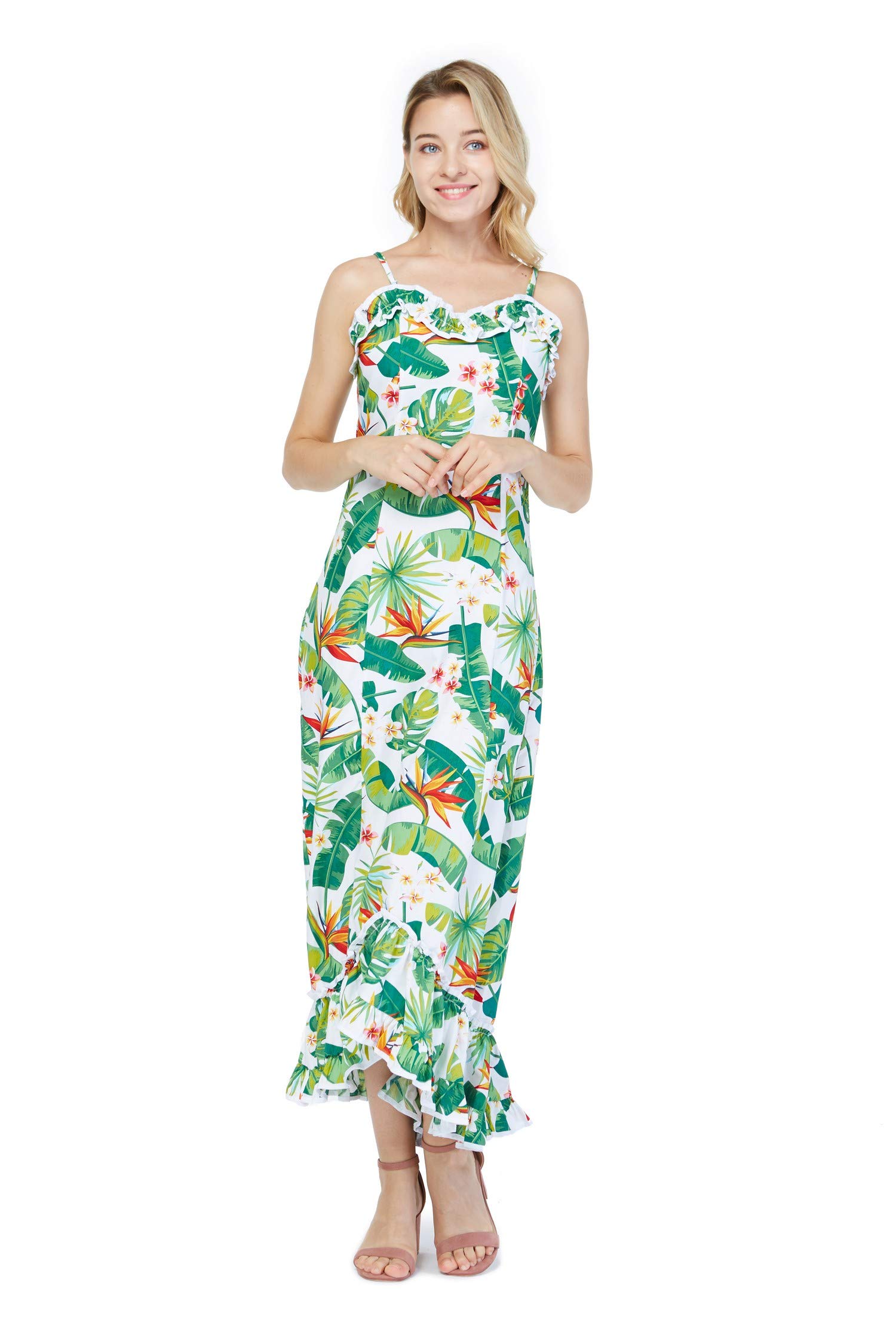 Hawaiian Couple Matching Luau Long Sleeve Shirt & Muumuu Dress - Tropical Bird of Paradise Print White - Perfect for Beach Parties, Hawaiian Theme Weddings and Vacation Outfits