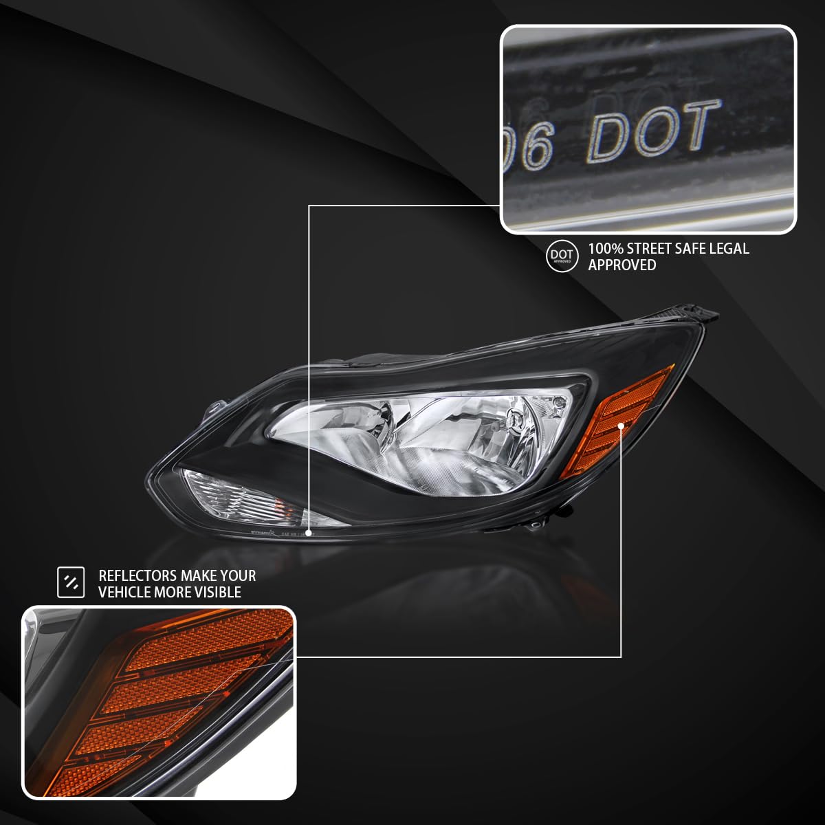 AUTOZENSATION Black Headlights Pair Compatible with 2012-2015 Ford Focus - Left & Right Headlamp Replacement for Improved Night Driving & Enhanced Style