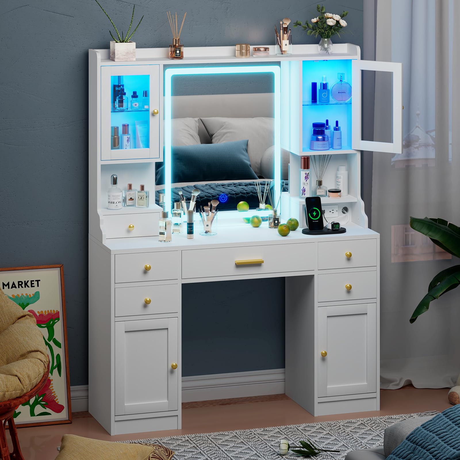 White Makeup Vanity Desk with Mirror & LED Lights - Large Dressing Table Set with Charging Station, RGB Cabinets & 3 Light Modes - Perfect for Bedroom, Salon, or Bridal Makeup Area