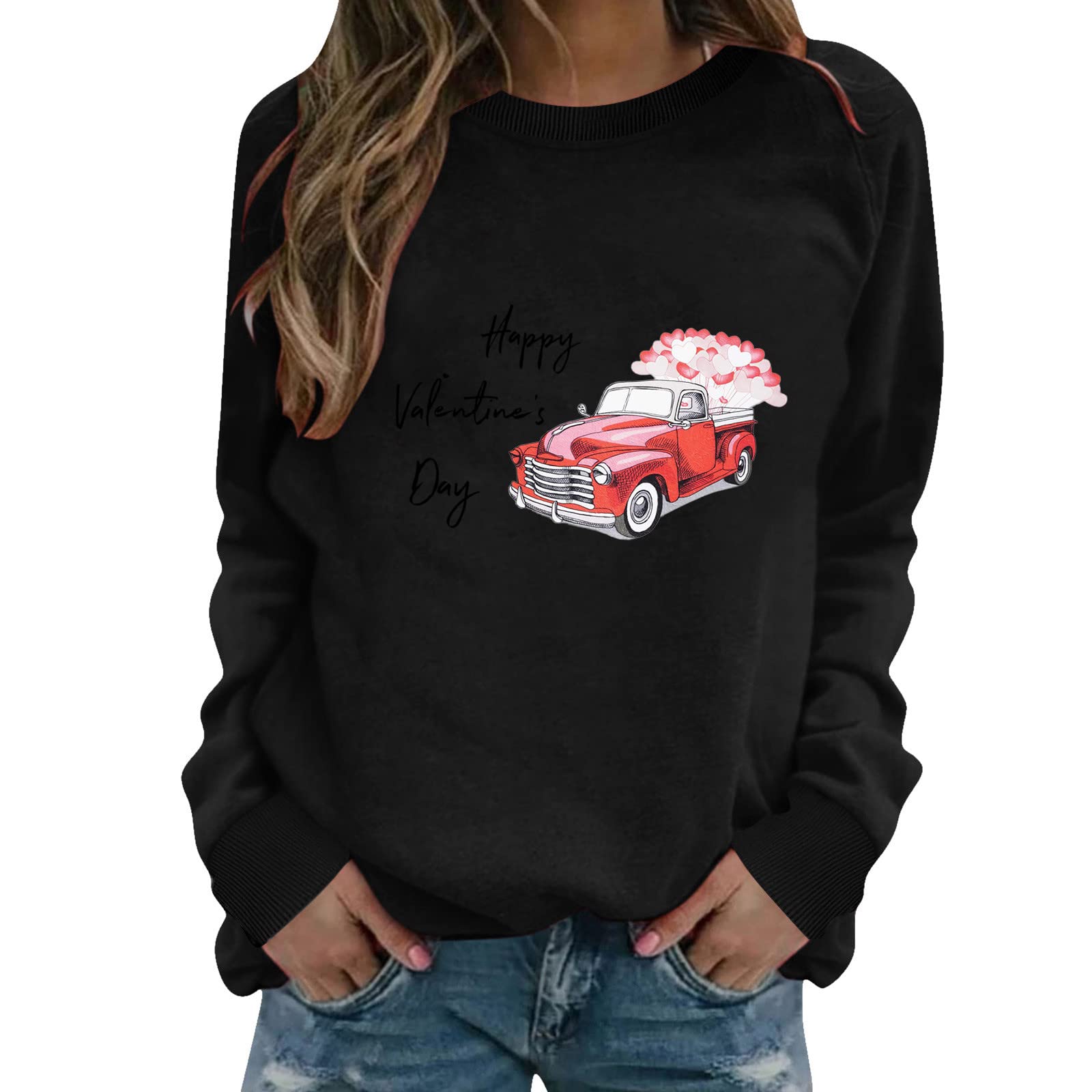 Valentine's Day Women's Romantic Balloon Car Graphic Long Sleeve Crewneck Sweatshirt - Cute Pullover for Date Night & Couple Outfits