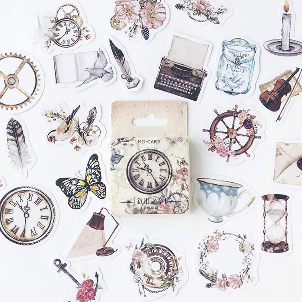 Vintage Retro Style Paper Stickers - 46pcs DIY Decorative Stickers for Laptop, Planners, Scrapbook & Suitcase - Doraking Boxed Old Days Collection - Perfect for Journaling, Gift Wrapping & Craft Projects