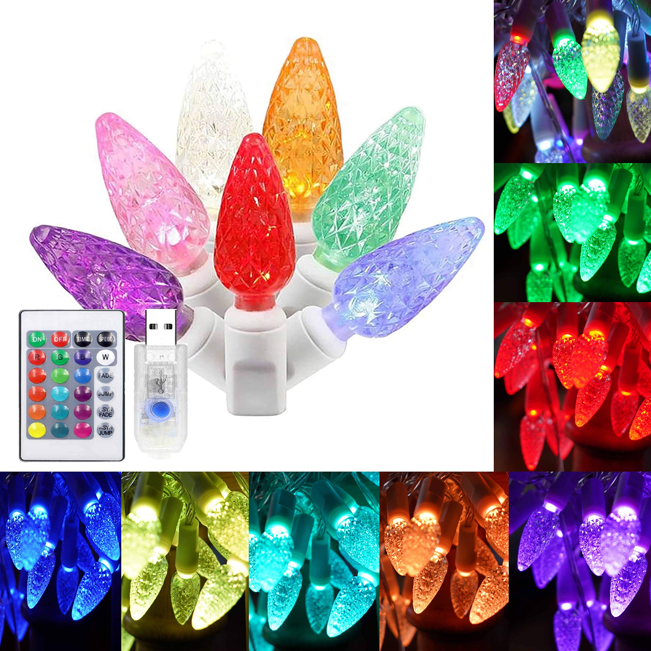 LOGUIDE C6 Christmas Tree String Lights - 16 Color USB Waterproof LED Outdoor Fairy Lights with 24-Key Remote for Patio, Xmas Tree, Wedding & Party Decor (Multicolor) | Perfect for Holiday Lighting, Garden Decoration and Indoor Festive Atmosphere