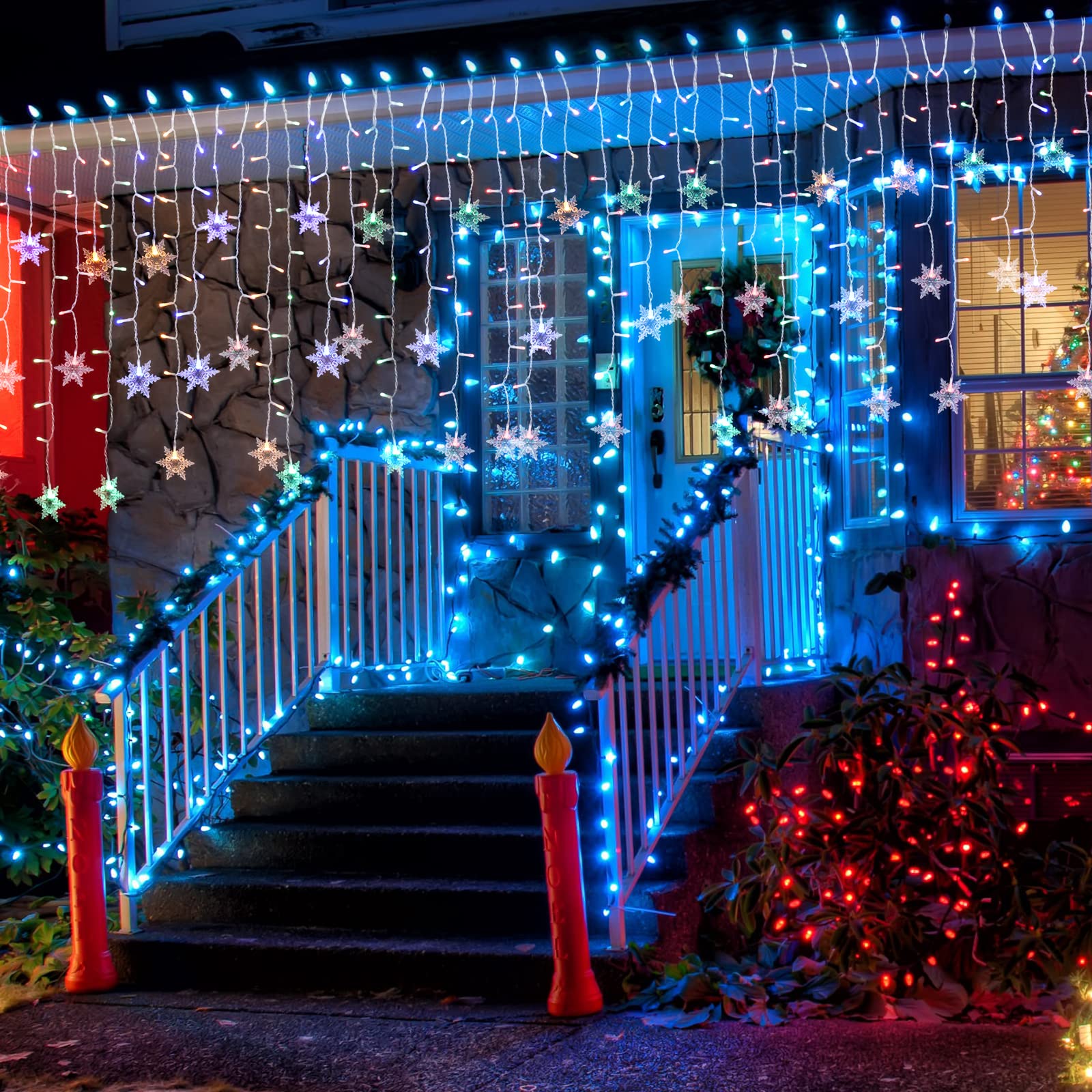 Christmas Snowflake Icicle Lights - 40ft Connectable 360 LED Multicolor & Warm White Outdoor String Lights with 20 Color Changing Modes, Waterproof & RF Remote Control - Perfect for House Curtains, Eaves, Christmas Tree, Yard, and Holiday Decorations
