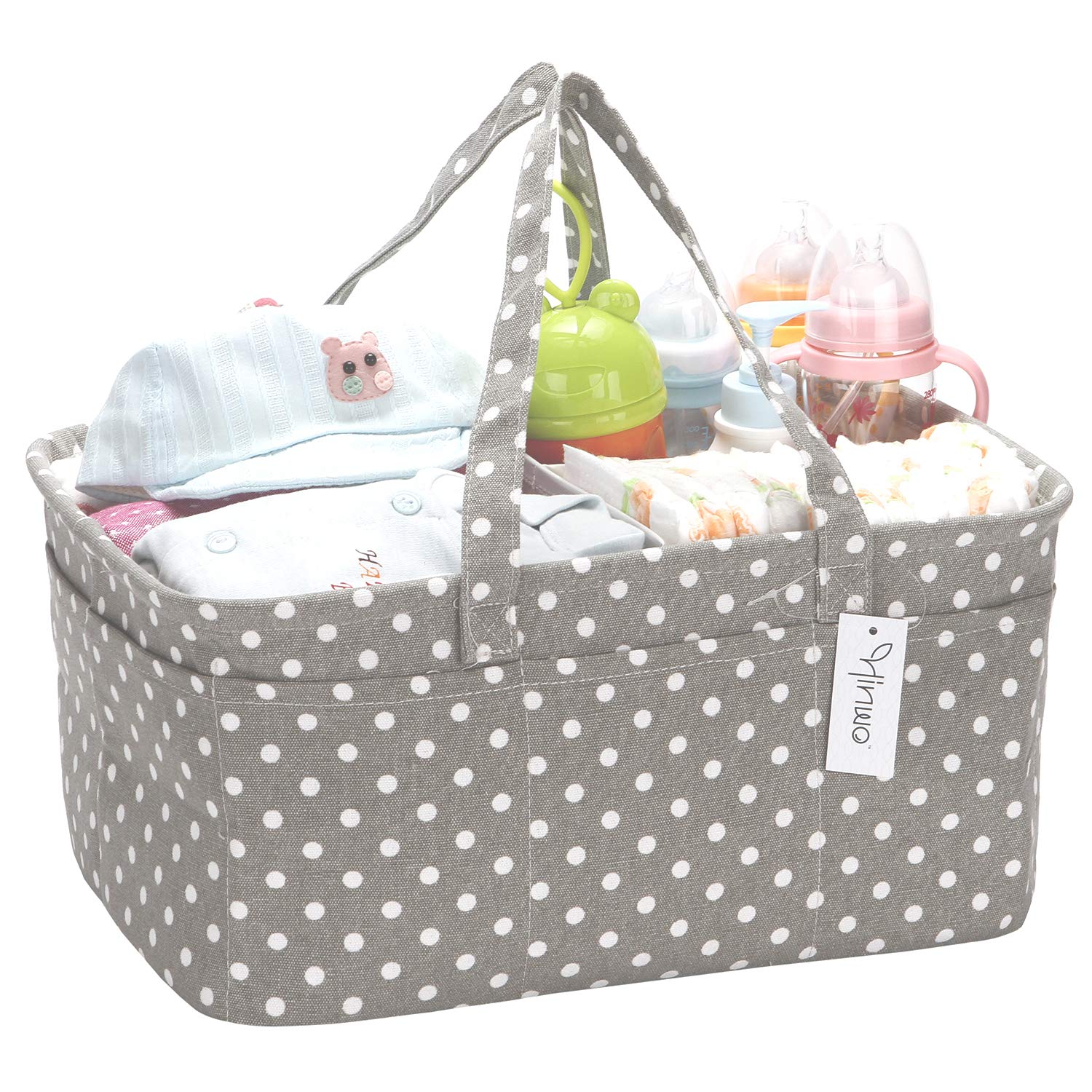 Hinwo Baby Diaper Caddy Organizer - 3-Compartment Nursery Storage Tote with Detachable Divider & 10 Hidden Pockets - Portable Diaper Organizer for Car, Nursery, Baby Shower Gift (Grey Dot) - Perfect for Newborn Essentials, Diaper Storage & On-the-Go Parenting