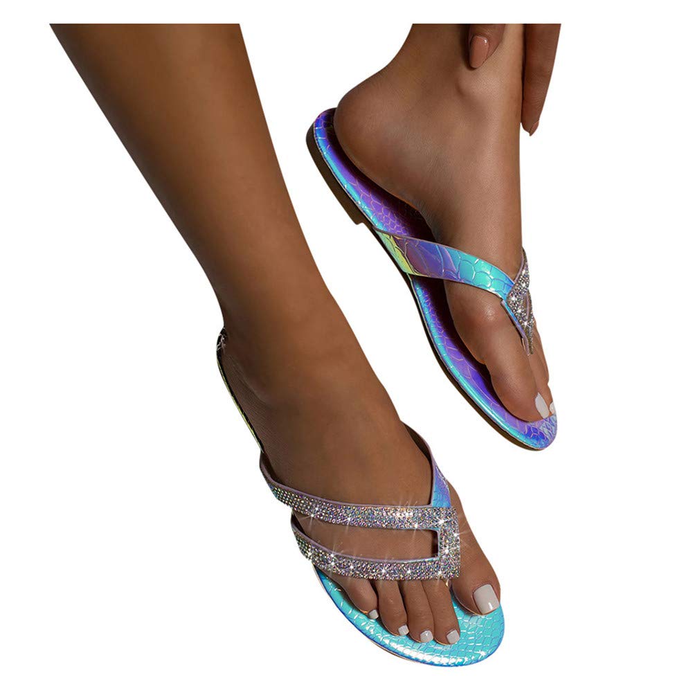 Women's Rhinestone Flat Sandals - Sparkly Jeweled Flip Flops for Beach, Summer & Travel | Comfortable Casual Shoes for Outdoor Walking, Vacation & Poolside