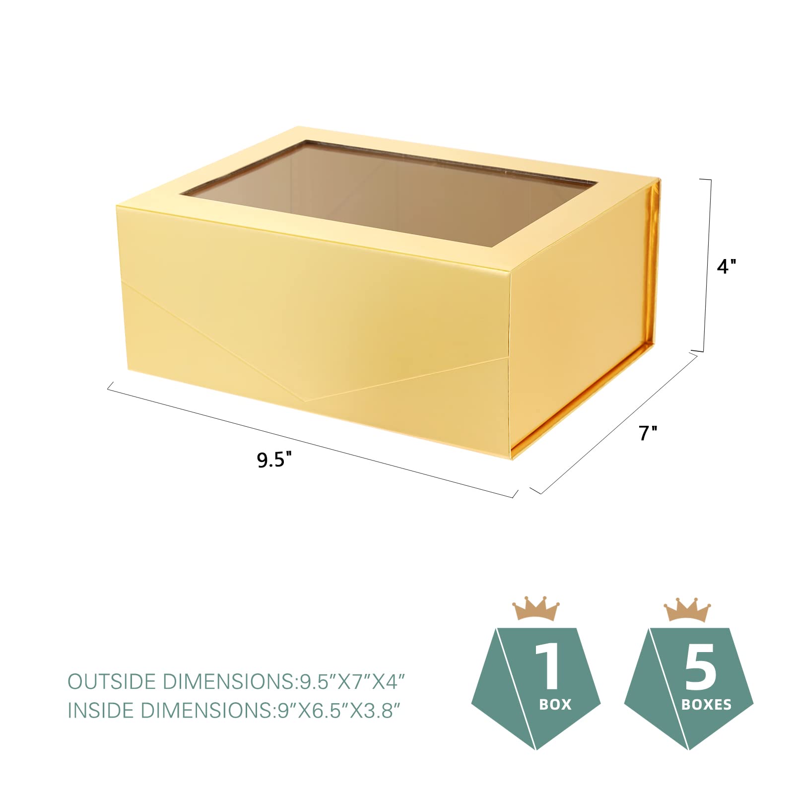 9x6.5x3.8 Inch Gold Gift Box with Clear Window - Magnetic Lid Bridesmaid Proposal Box, Christmas Present Box with Ribbon & Card (Glossy Gold) | Perfect for Wedding Favors, Birthday Gifts & Holiday Packaging