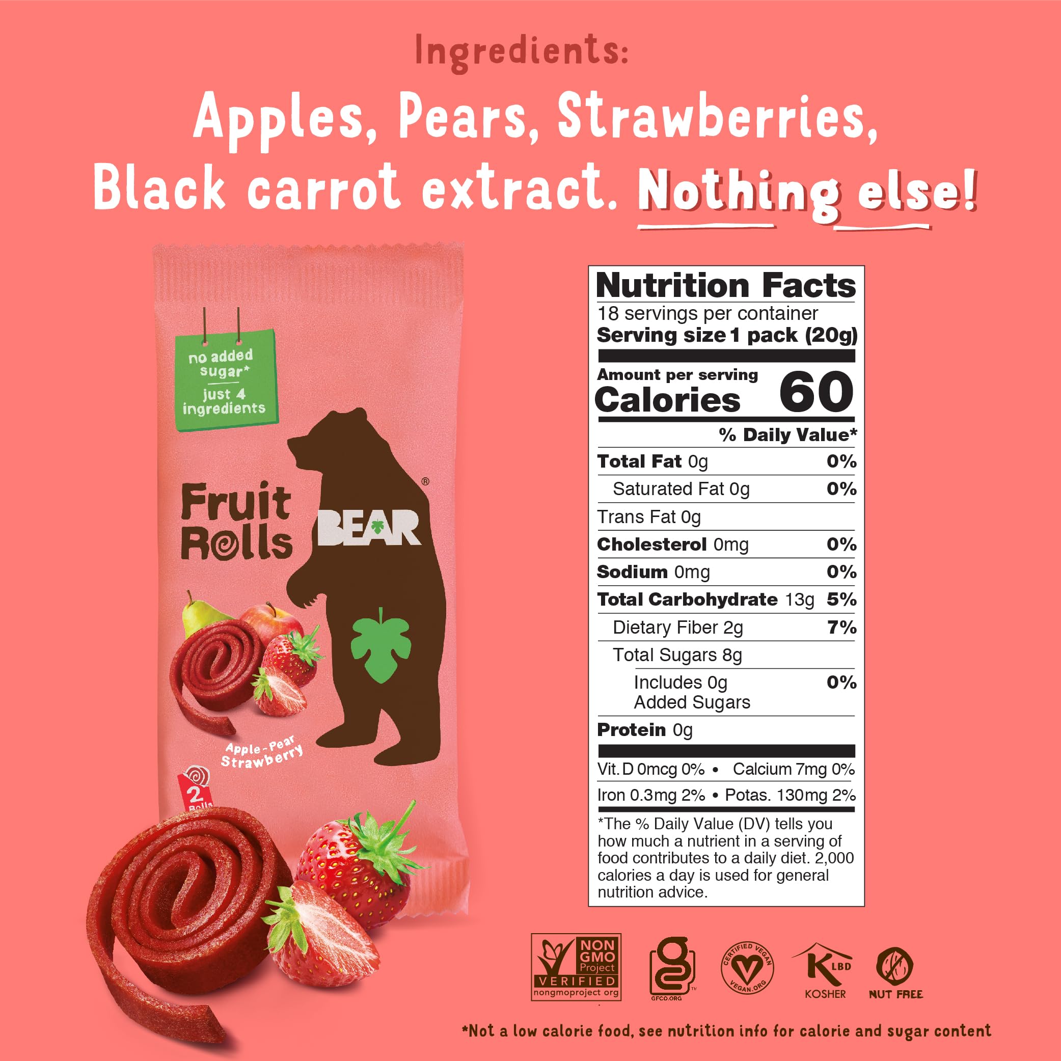 BEAR Real Fruit Snack Rolls - Gluten Free, Vegan, Non-GMO Strawberry Snacks - Healthy School & Lunch Snacks for Kids & Adults - 0.7oz (18 Pack) - Perfect for On-the-Go, Travel & After-School Treats