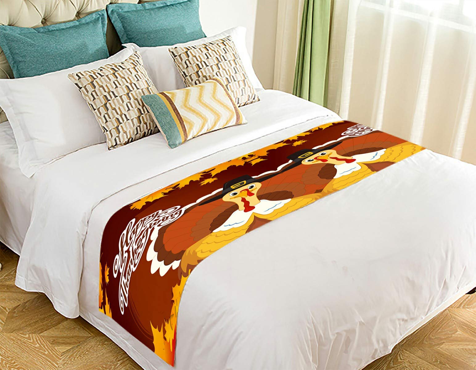Happy Thanksgiving Day Bed Runner Scarf - 20x95 Inch Decorative Table Runner for Dining Table, Fireplace Mantel, and Holiday Home Decor