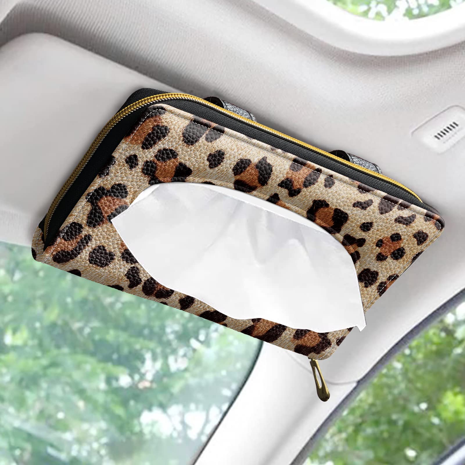 Biyejit Car Tissue Holder - Leopard Print PU Leather Hanging Paper Towel Box, Auto Napkin Holder Cover for Sun Visor & Backseat | Vehicle Tissue Dispenser for Road Trips & Daily Commute