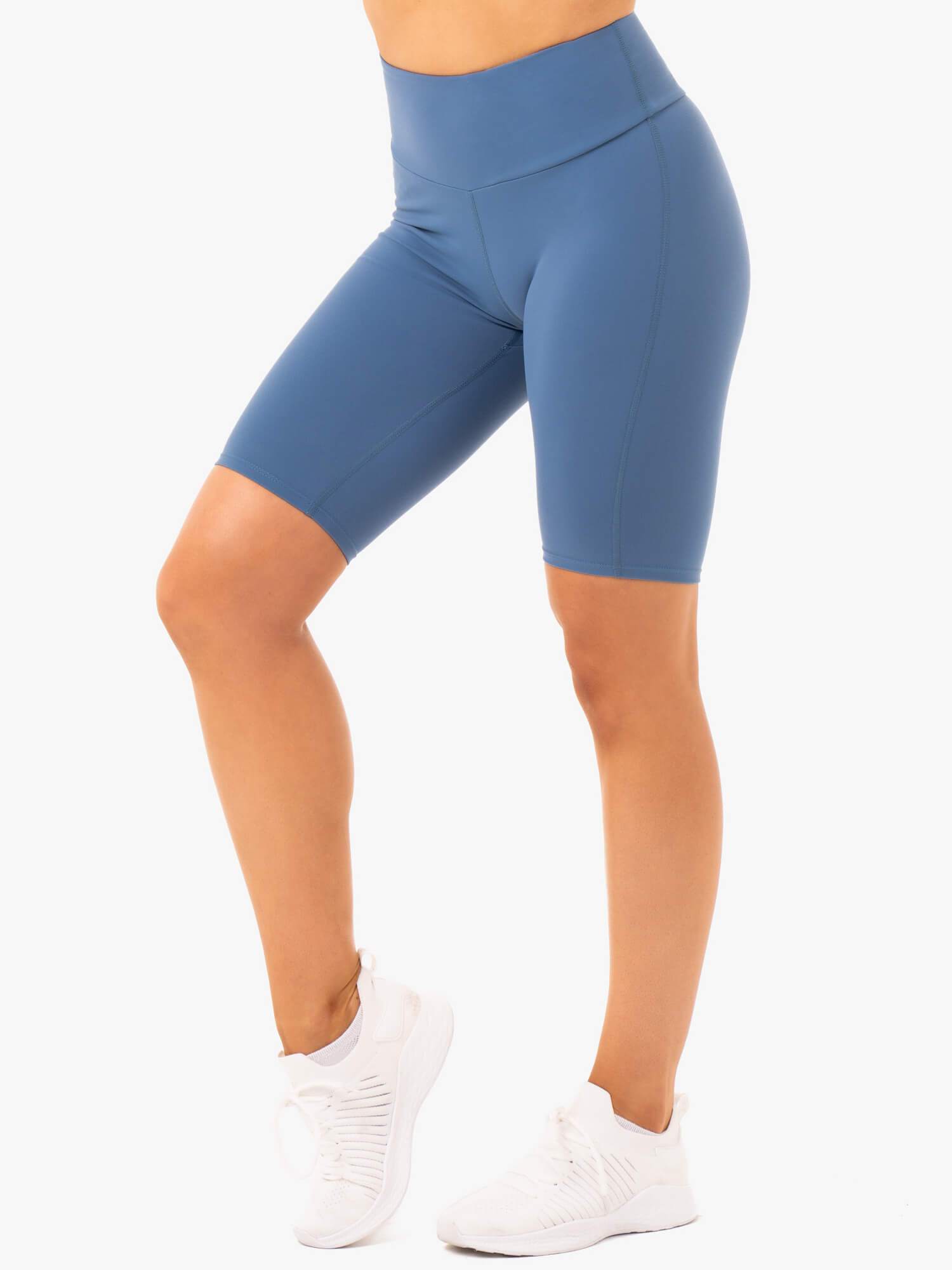 Premium Staples Bike Shorts for Women - High Waist Steel Blue Cycling Shorts - Comfortable & Breathable for Workouts, Running & Yoga